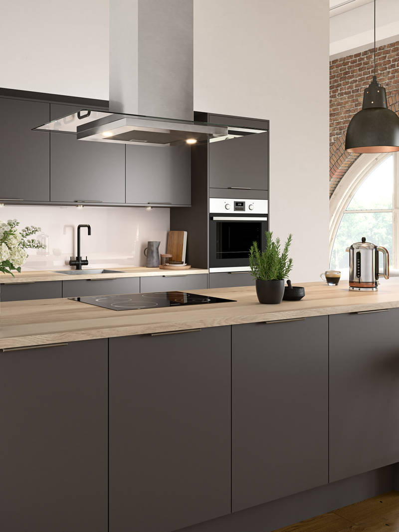 Nova by Magnet. Affordable slab door kitchen available in matt and super glass. 6 colours to choose from.