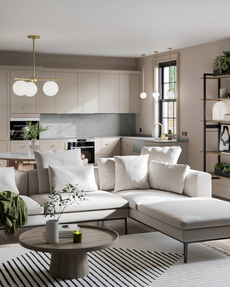 Open plan living room with Dunham kitchen in a creamy light shade.