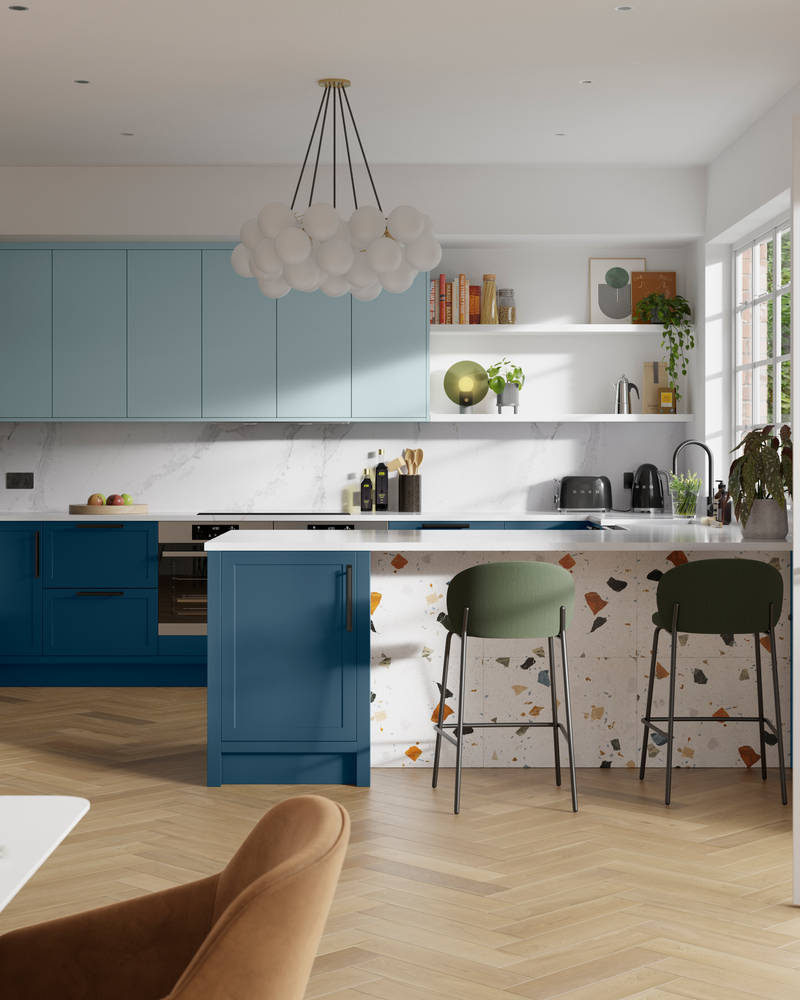 Contemporary kitchen design with Magnets Voyage blue and Sky Dunham kitchen, its thin frame and smooth painted finish with no visible woodgrain, a kitchen island with breakfast bar and wood herringbone flooring..