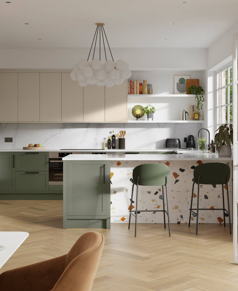 Contemporary kitchen Dunham in shades Misty Moors and Pebble Path paired with a colourful matching terrazzo decor