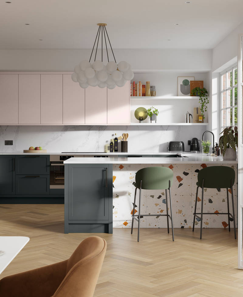 Dunham in Arboretum Green and Rose Bowl has a thin frame and smooth painted finish with no visible woodgrain, providing a contemporary feel to a traditional look.