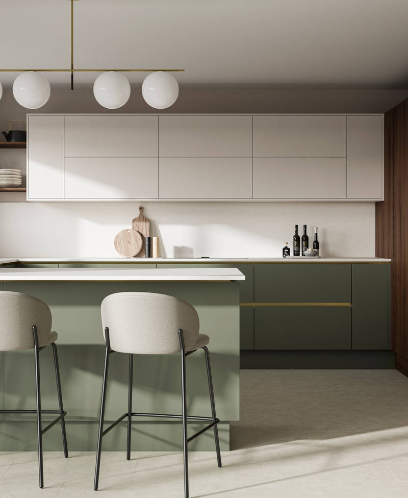 Integra Portobello tall cabinetry with integrated ovens, paired with painted handleless slab front Integra Soho cabinets in Shades Thyme and wall cabinets in shade Limestone, from Magnet.