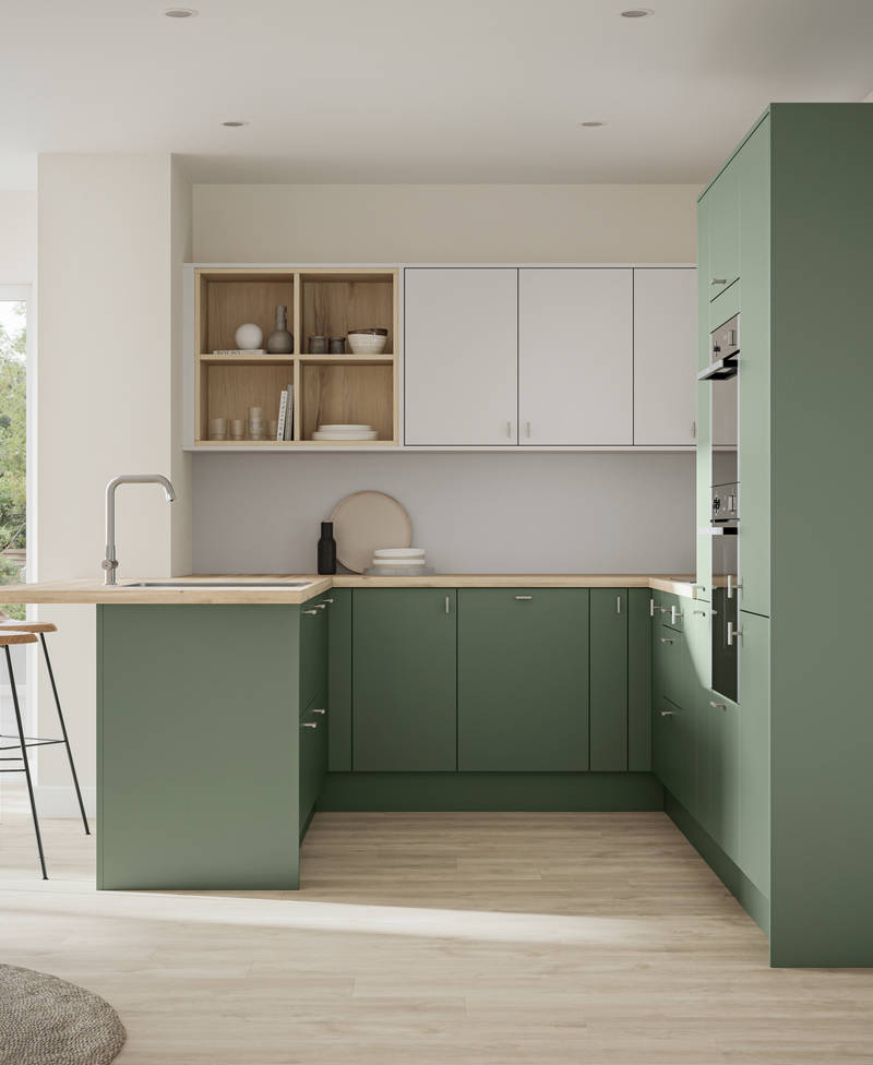 Scandi influenced fresh green Ascoli Woodland and light grey kitchen with timber details such as open shelf top cabinets, oak laminate worktop and oak laminate floor.