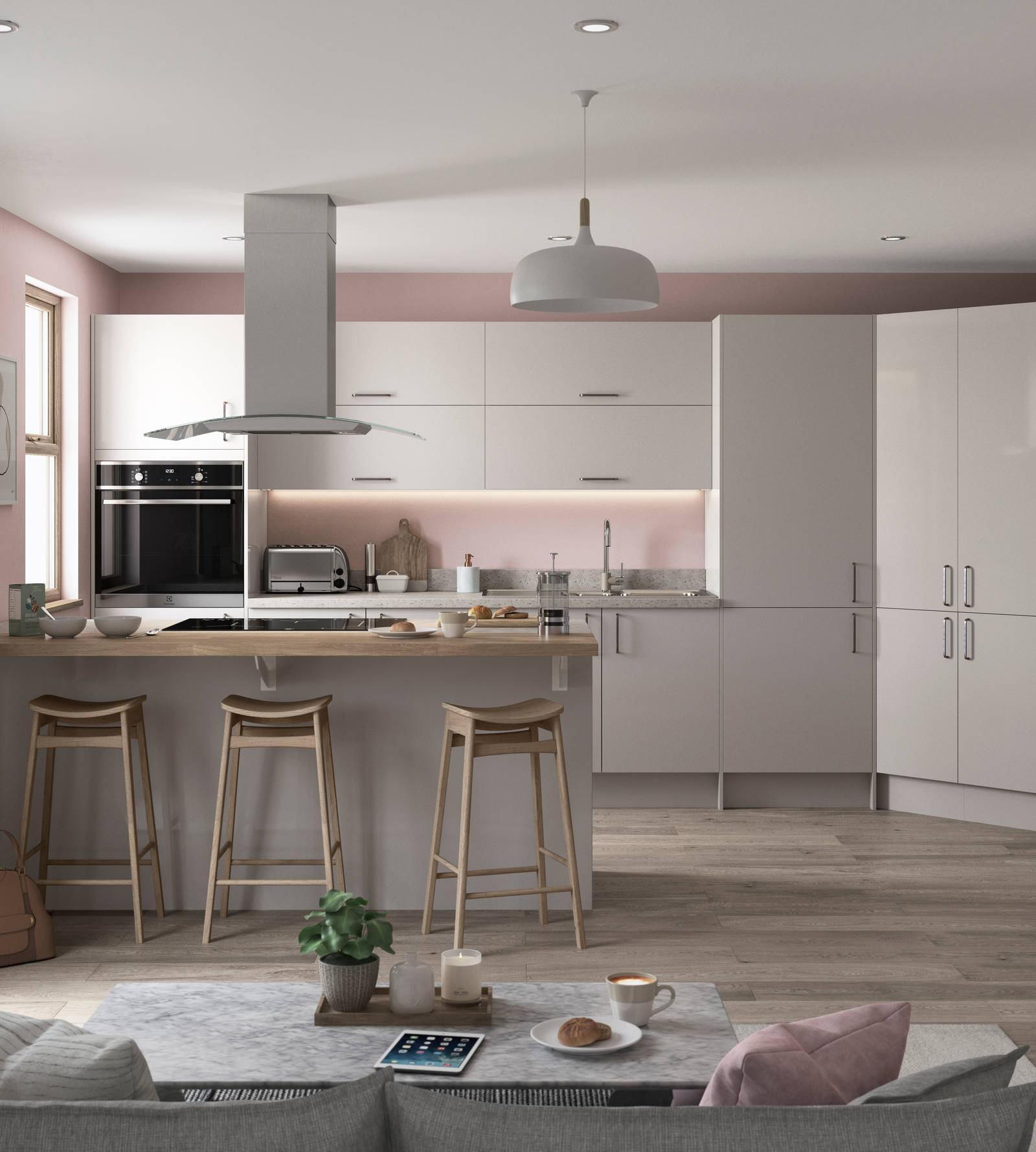 Nova by Magnet. Affordable slab door kitchen available in matt and super glass. 6 colours to choose from.