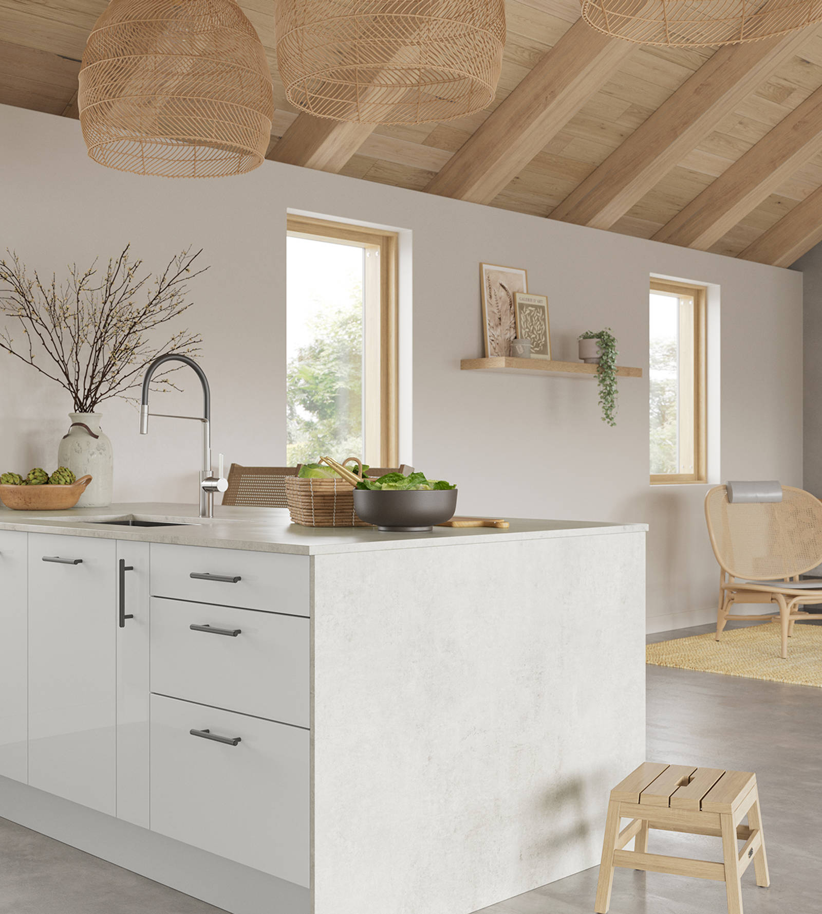 Hoxton kitchen. Smooth slab doors in a painted effect finish. Minimalist styling with your choice of handles and three colours.