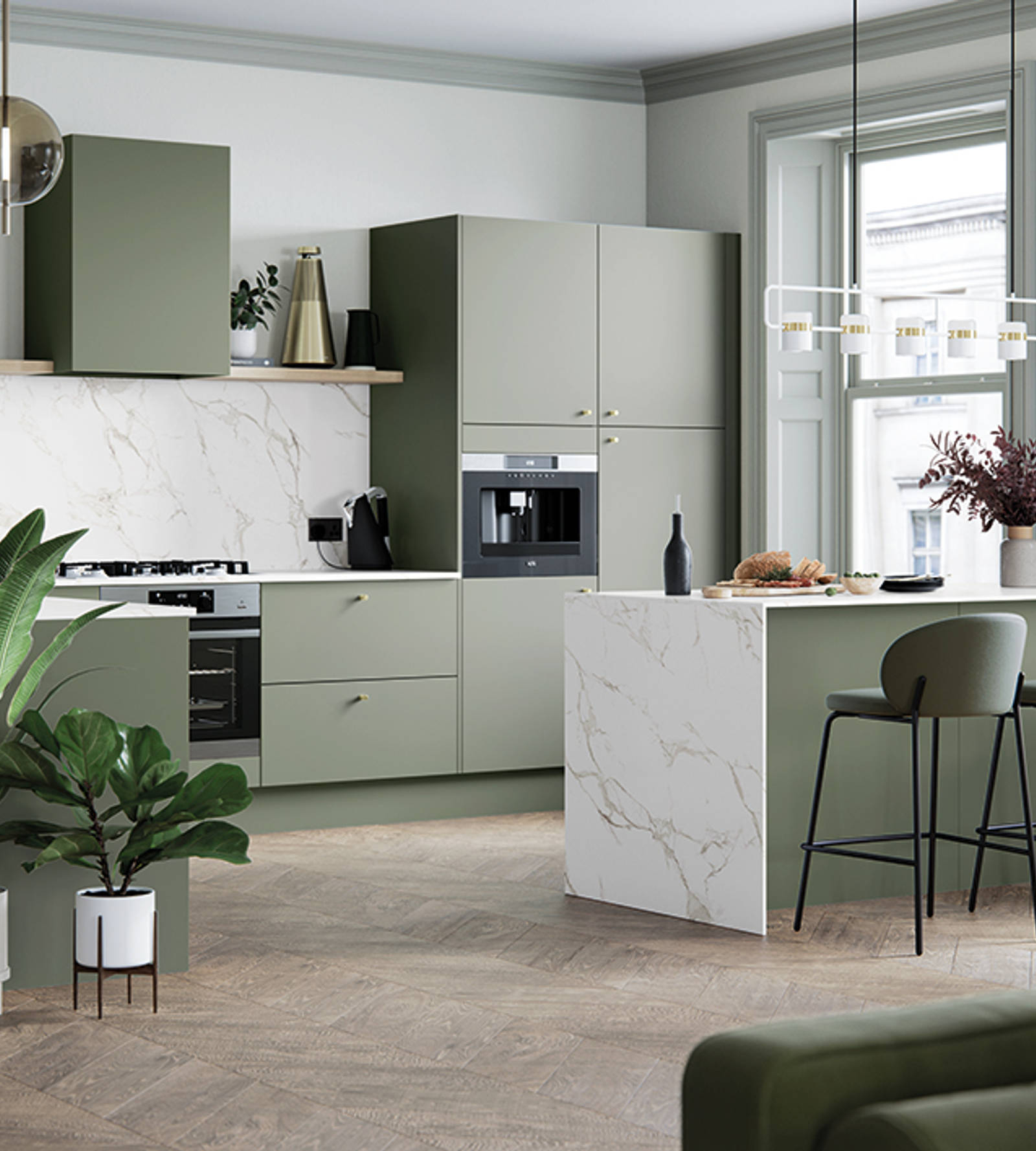 Soho from Magnet. Bold slab doors style this premium contemporary kitchen design available in 20 colours.