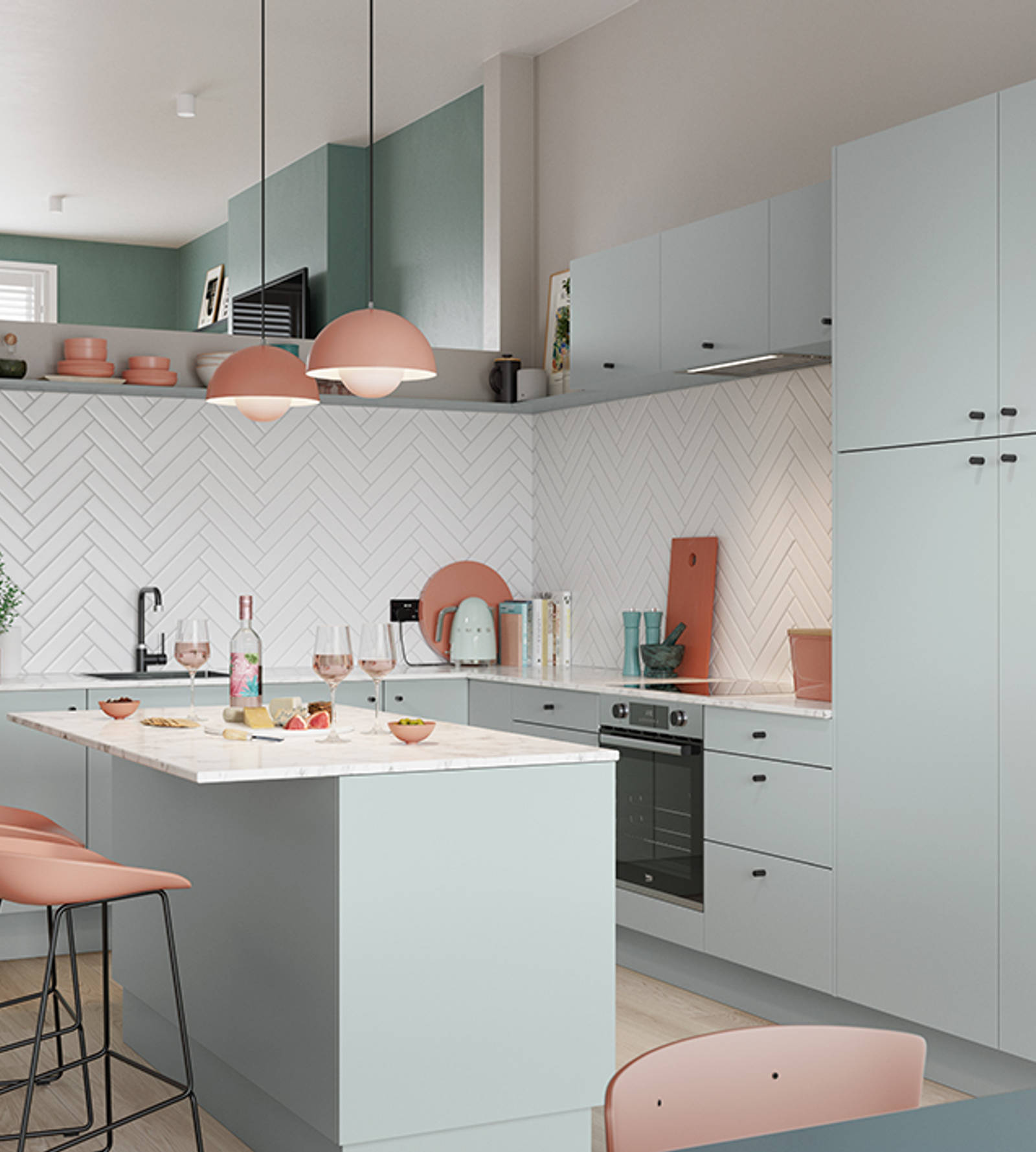 Nova by Magnet. Affordable slab door kitchen available in matt and super glass. 6 colours to choose from.