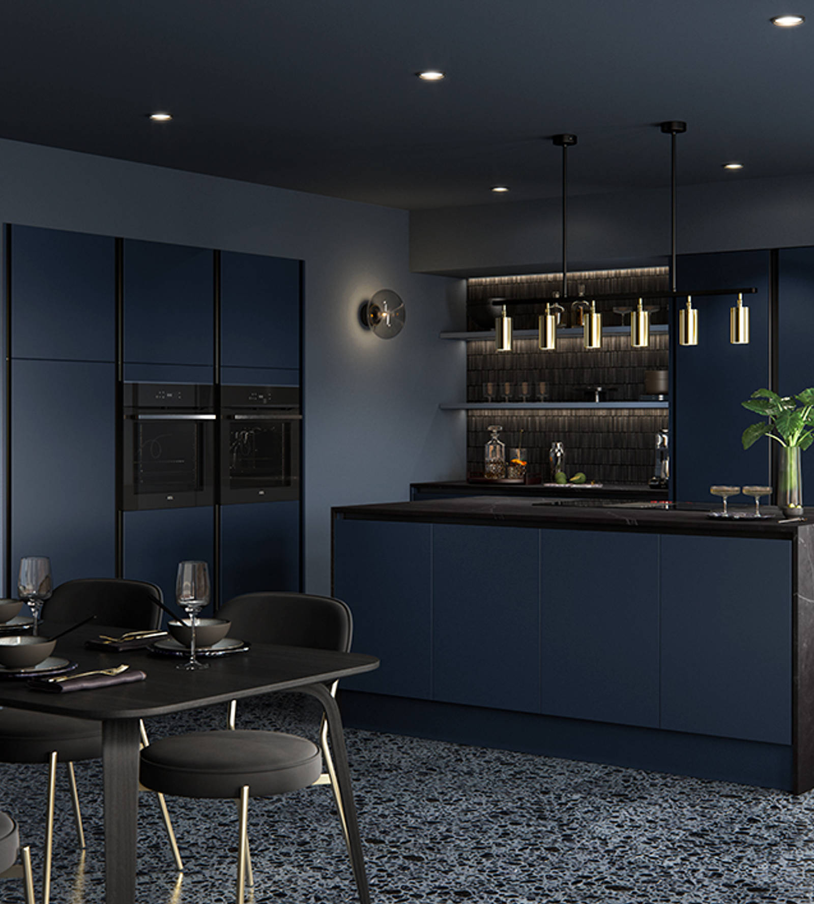 Integra Hoxton Kitchen from Magnet available in metallic midnight blue. Smooth slab doors and a painted effect finish.