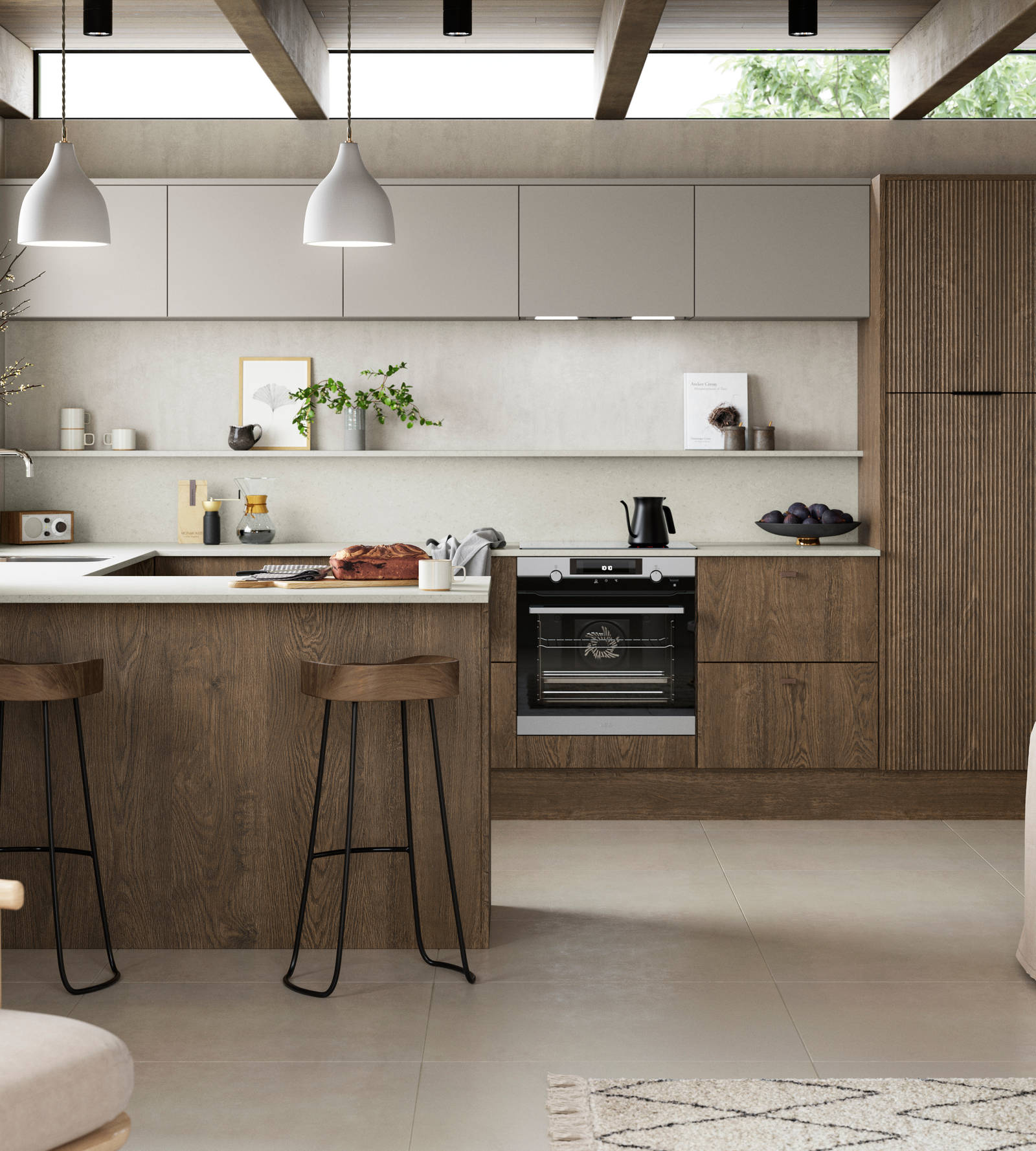 Magnet Kitchens 2021 Nordic Nature range with Fluted oak doors and Integra Hoxton Pebble cabinets with Dekton Aeri worktop. Open plan kitchen living area in Scandi style.