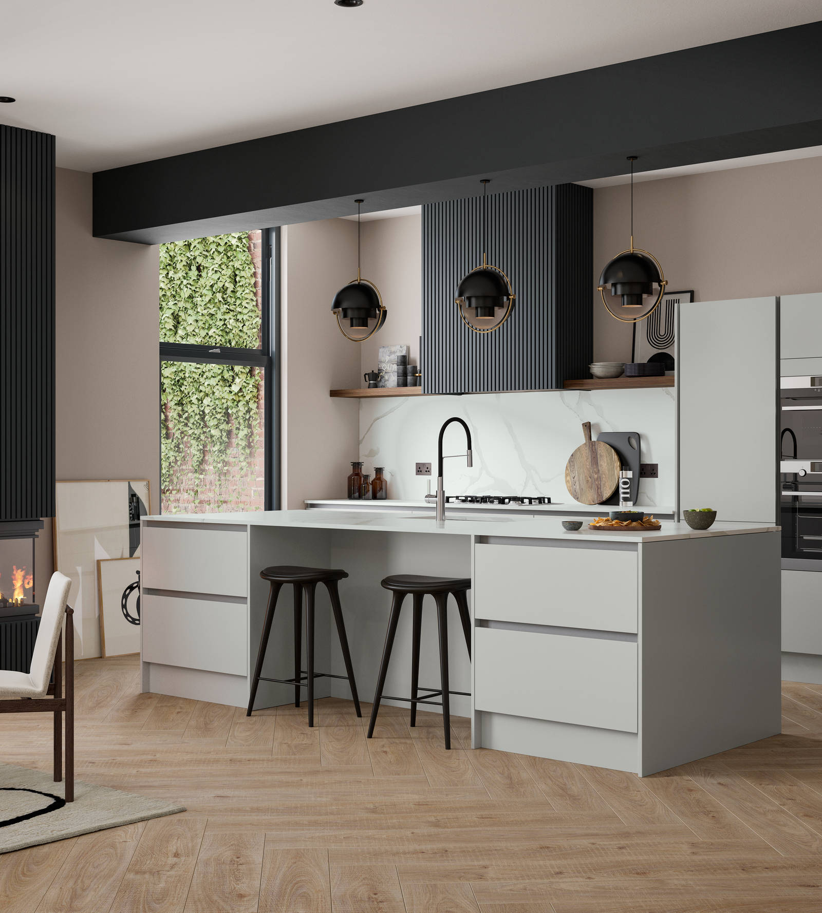 Integra Nova by Magnet. Matt finished handless option with trim brushed in aluminum for a high end feel.