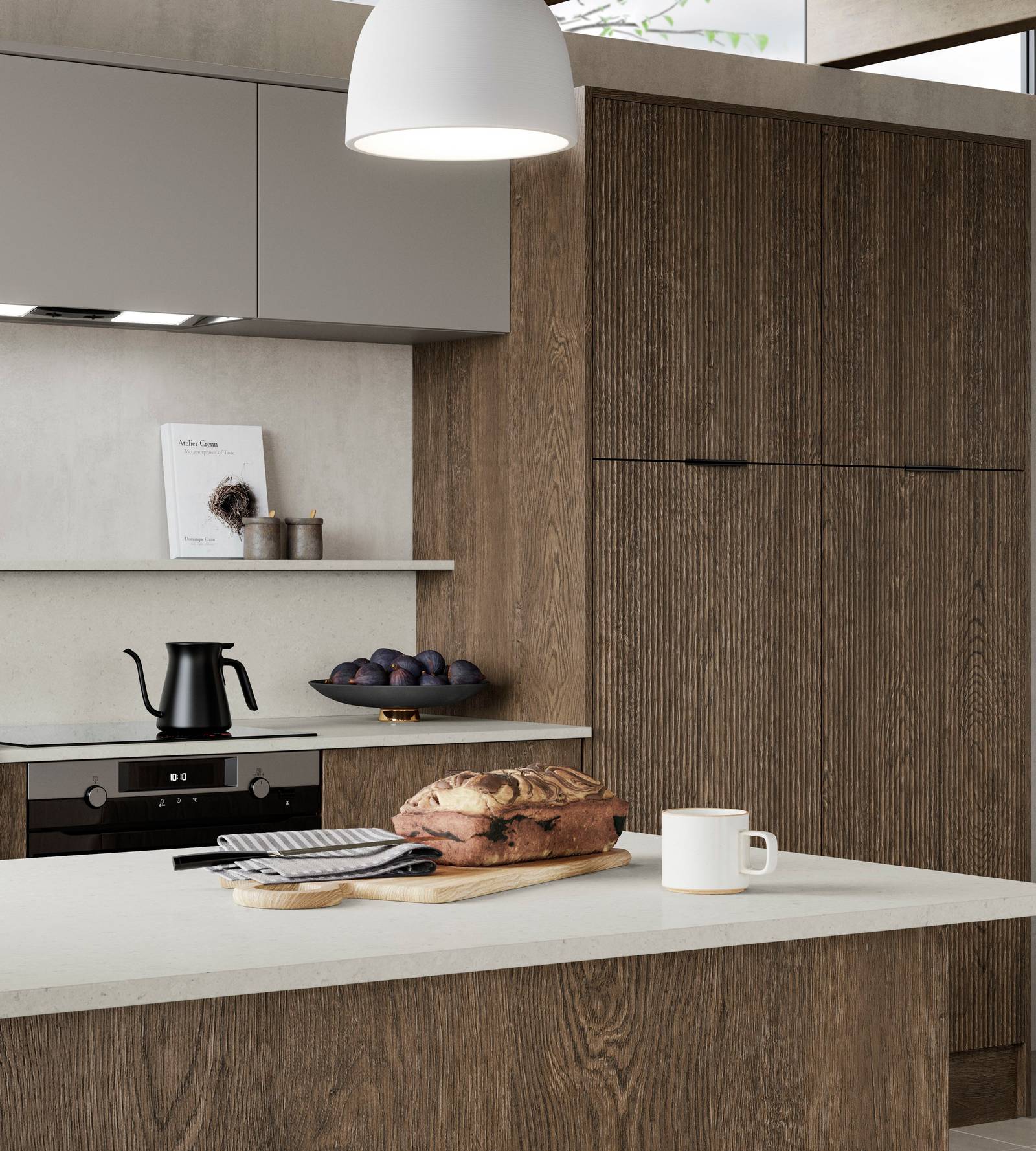 Magnet Kitchens 2021 Nordic Nature range with Fluted oak doors and Integra Hoxton Pebble cabinets with Dekton Aeri worktop