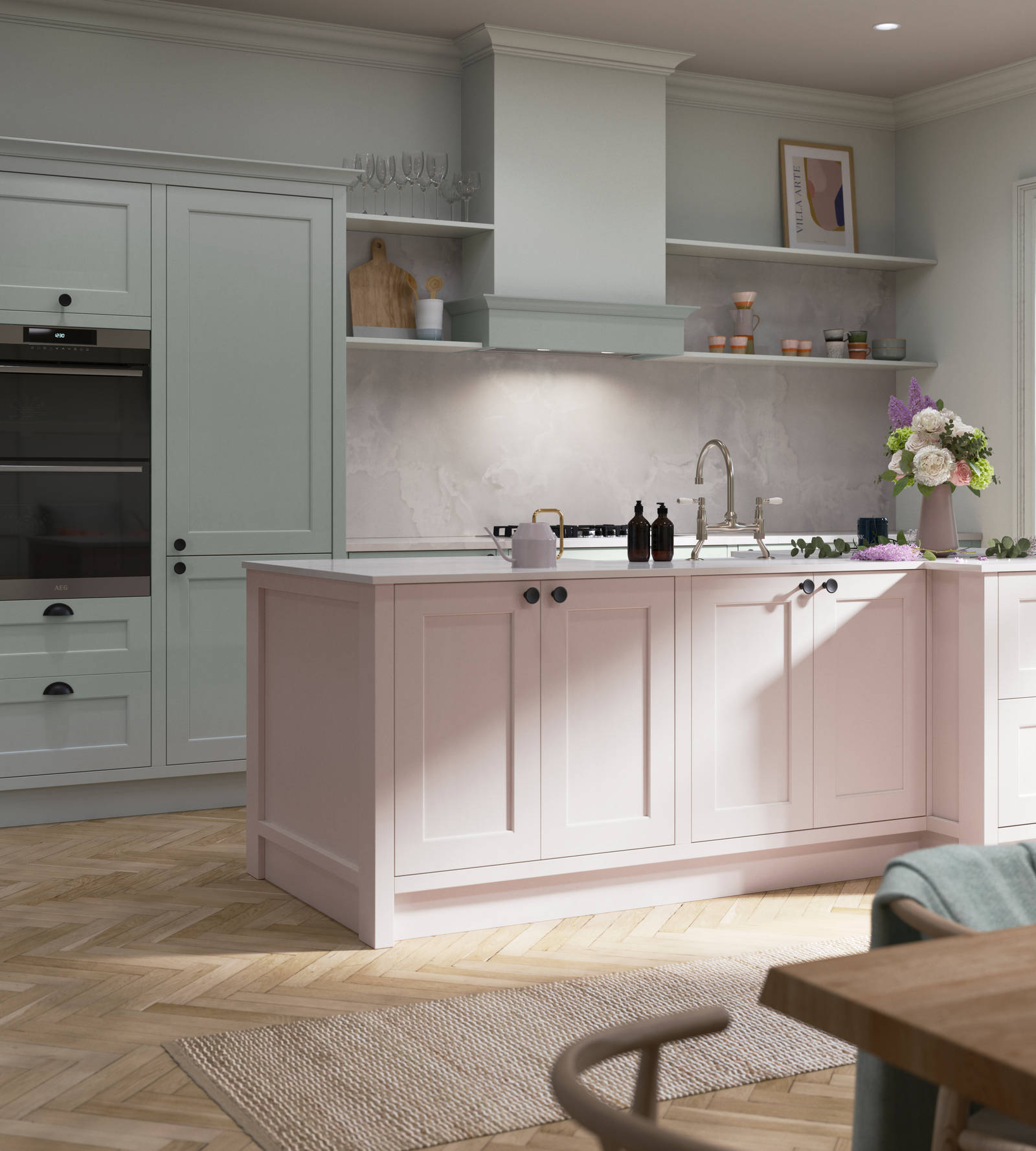 Ludlow, a traditional Shaker-style kitchen range featuring panelled doors with visible woodgrain and beading detail, in the light airy shade Seagrass.