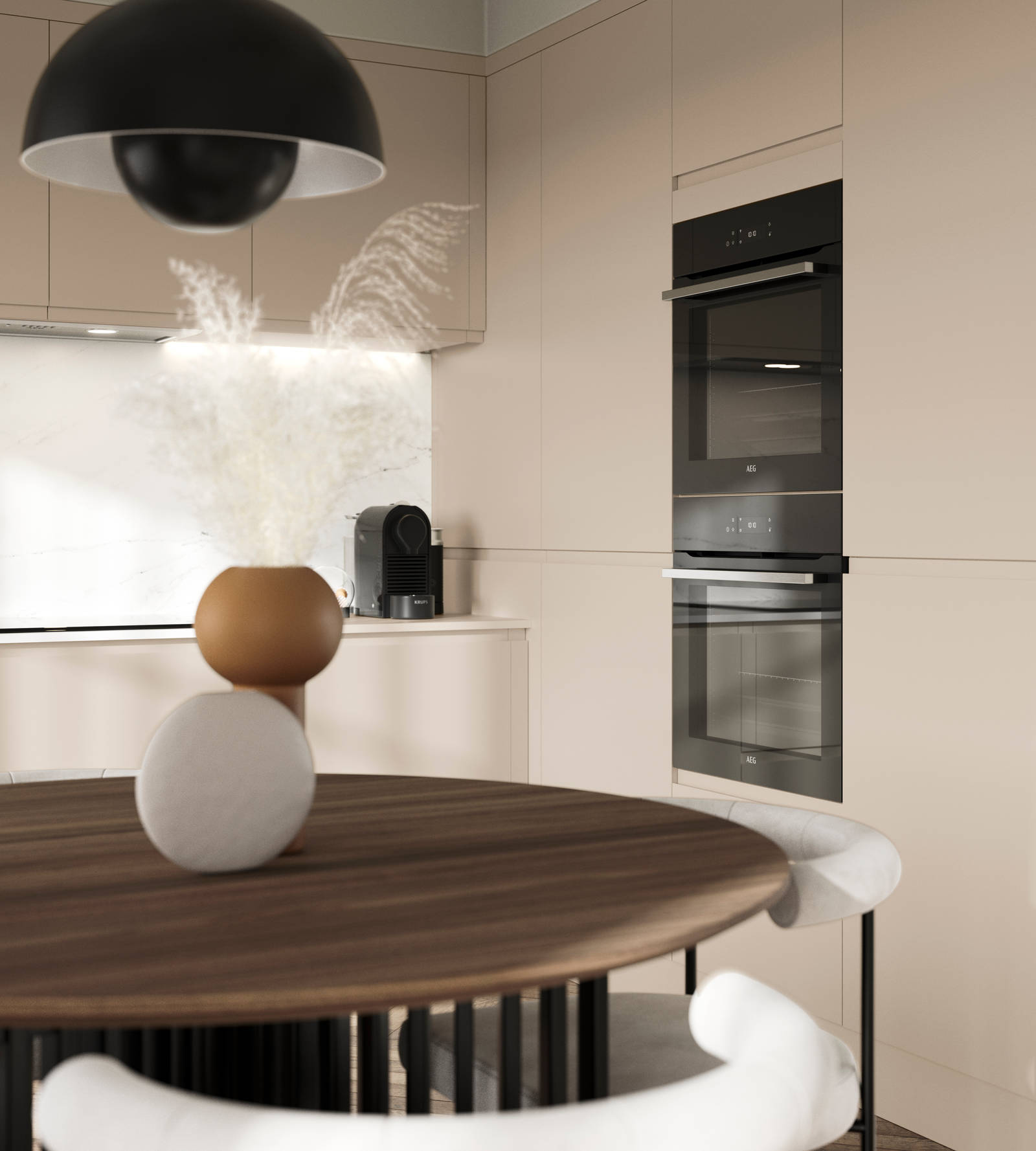 Luna in the shade Pebble is the ideal base for a minimalist kitchen design with its integrated handle that gives any kitchen a beautiful, sleek finish.