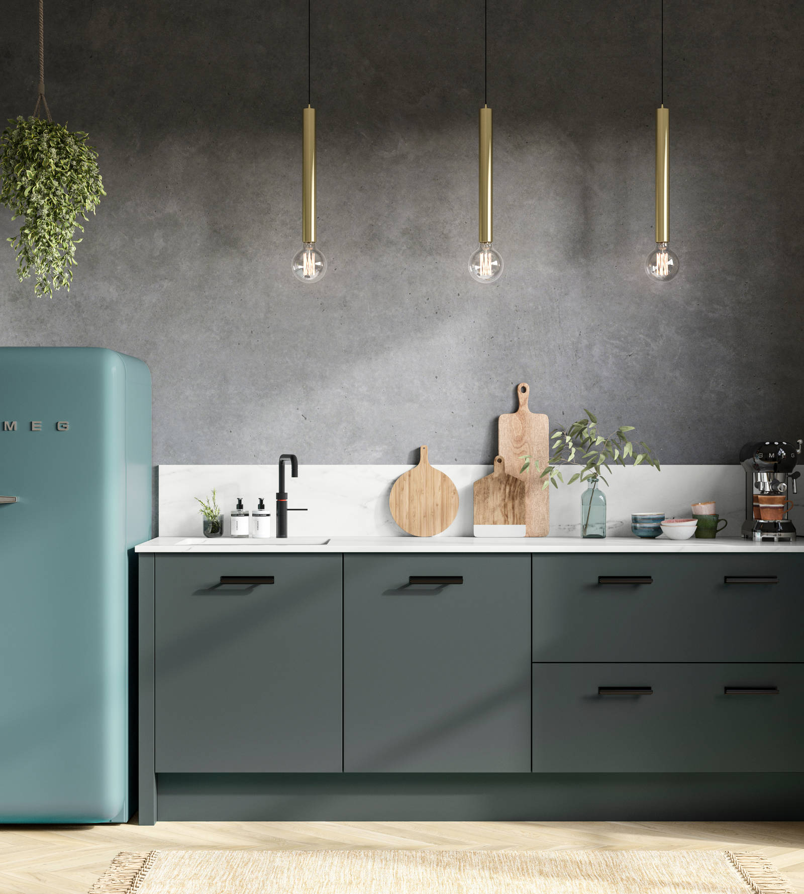Straight view of modern Soho Arboretum kitchen with black tap and handles, dark grey marbled wall and blue Smeg fridge.