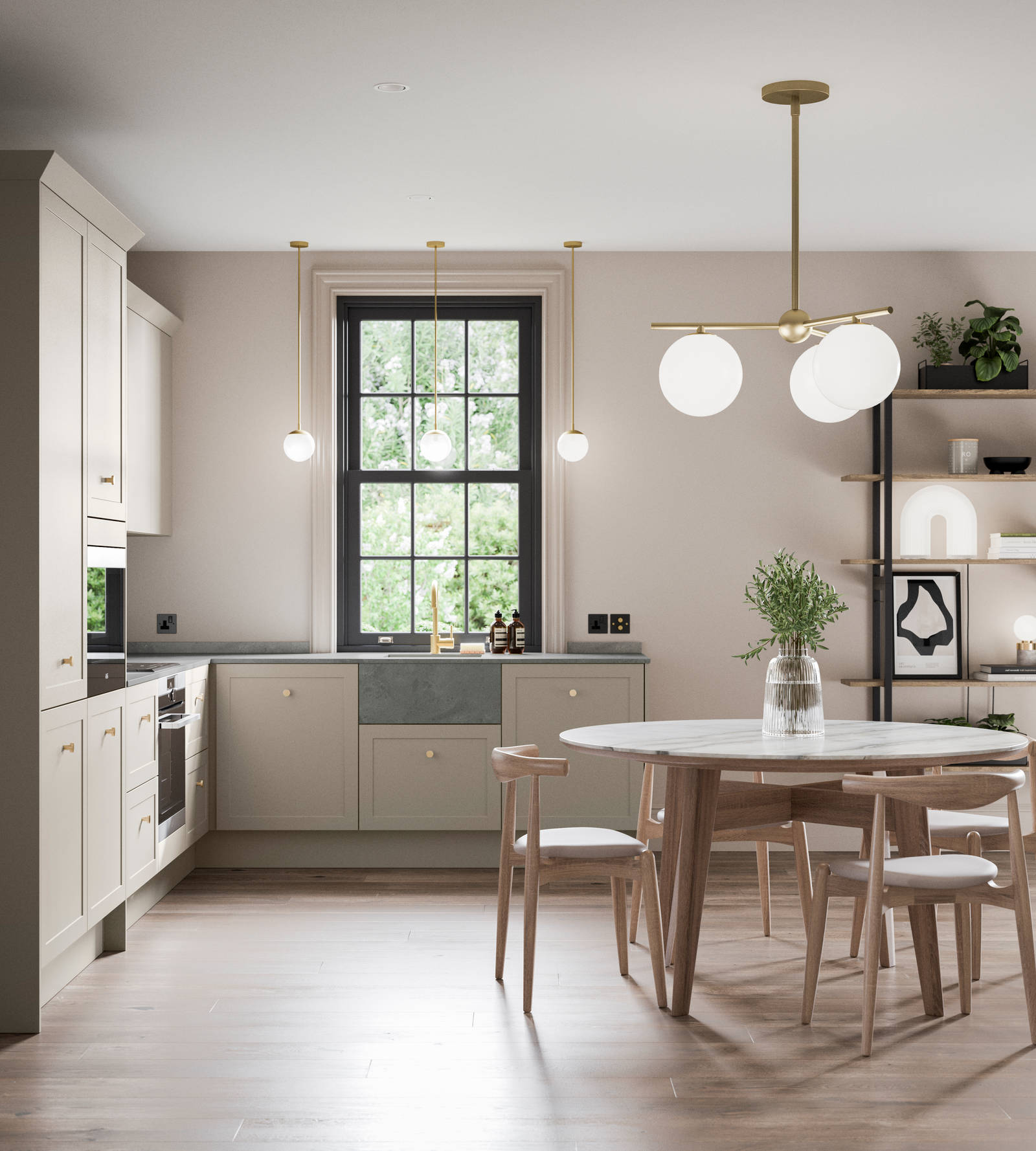 Light and nature tones open plan Dunham Pebble Path kitchen with dining table in light wood.