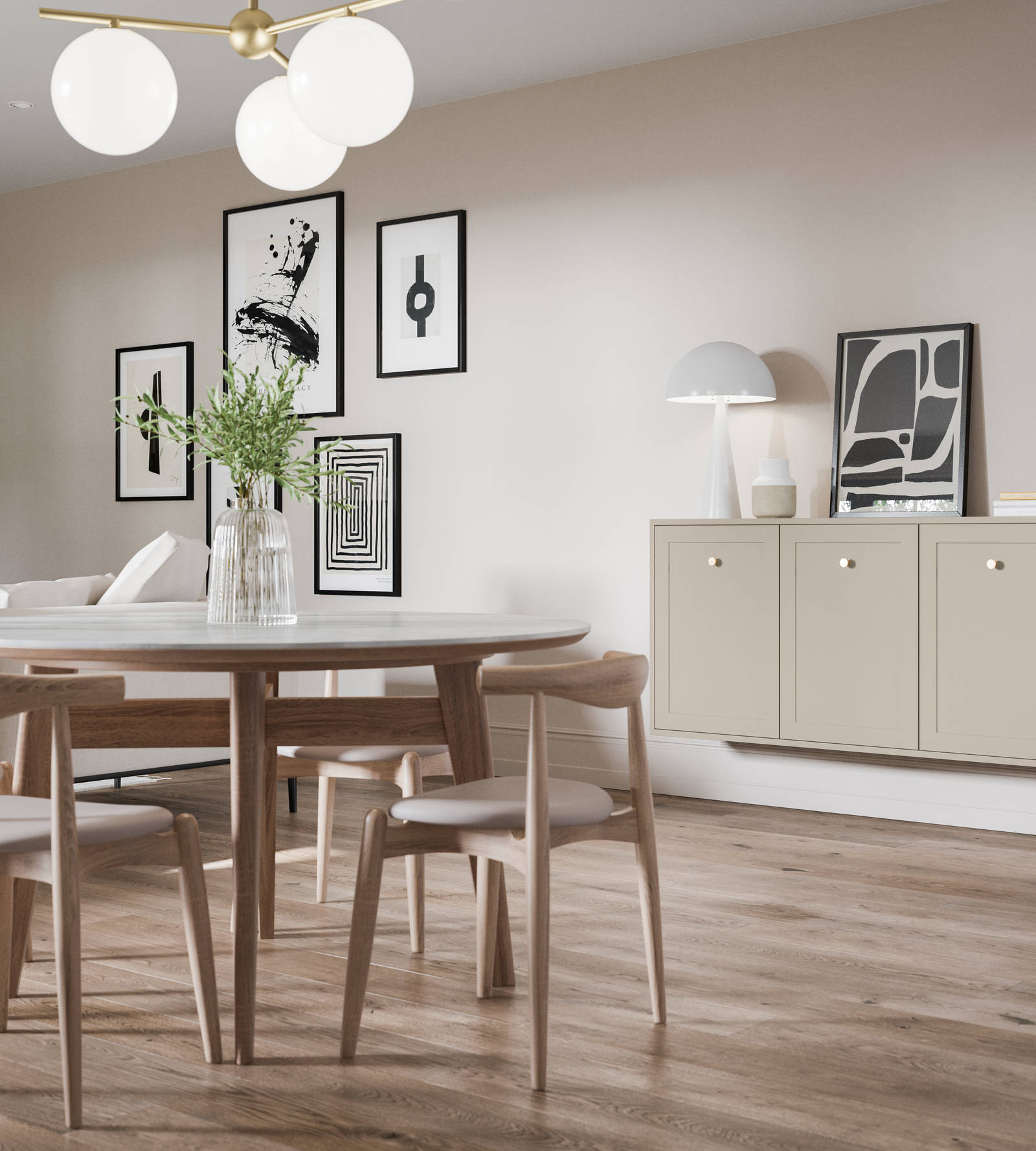 Living room decorated in light earth tones and wall hanging cabinetry in Dunham from Magnet, with a thin frame and smooth painted finish with no visible woodgrain.