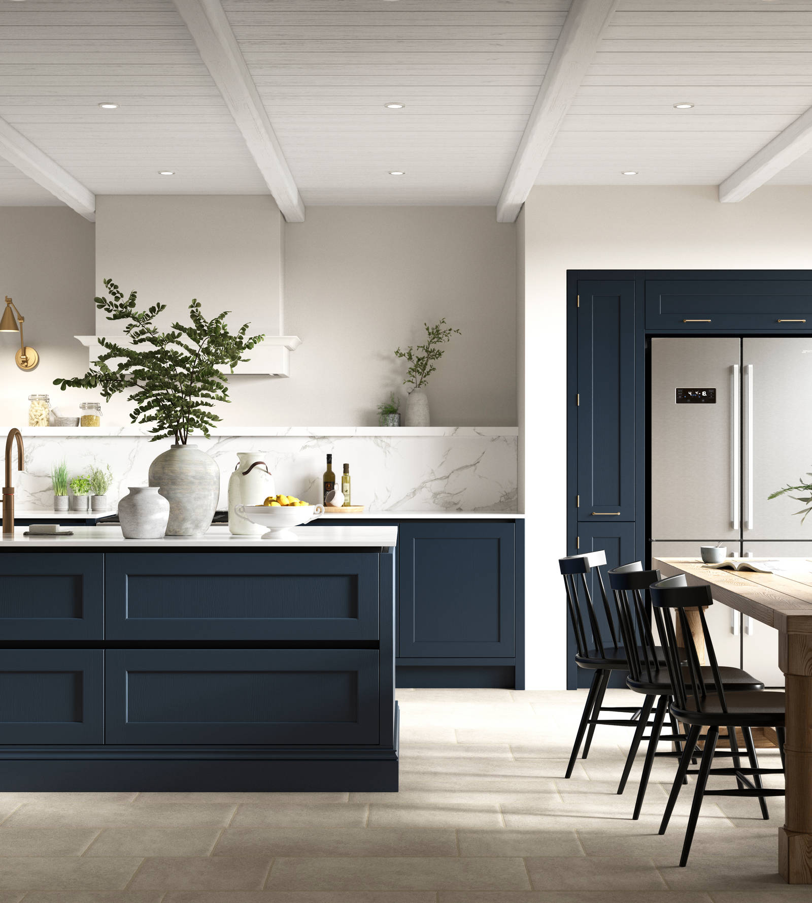 Open plan kitchen with kitchen island. Integra Ludlow is a contemporary take on a Shaker kitchen, with integrated handles.