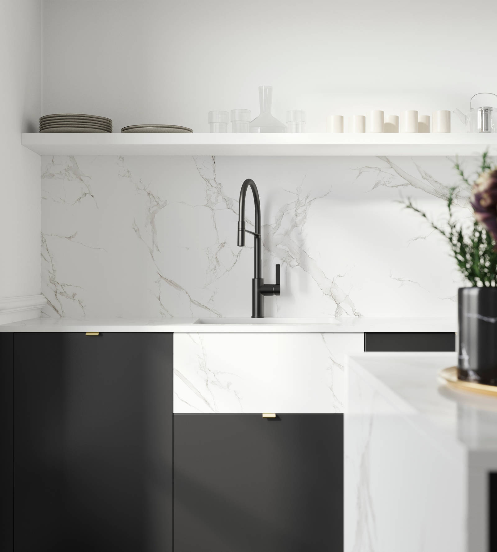 Close-up of sink and black tap in Hoxton Sumi black kitchen