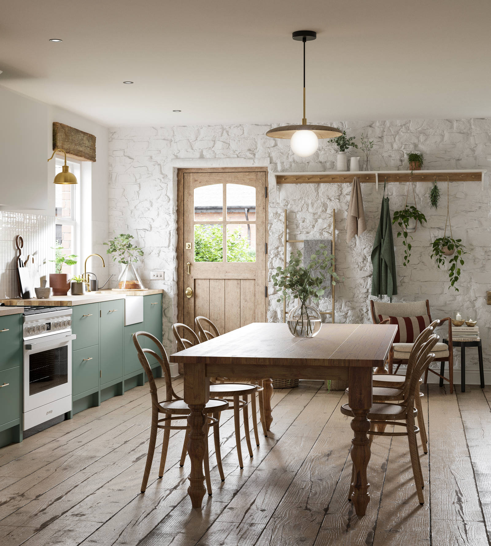 Full room view of contemporary cottage kitchen and dining room with Soho Eucaluptys and tall pantry cabinets in white.