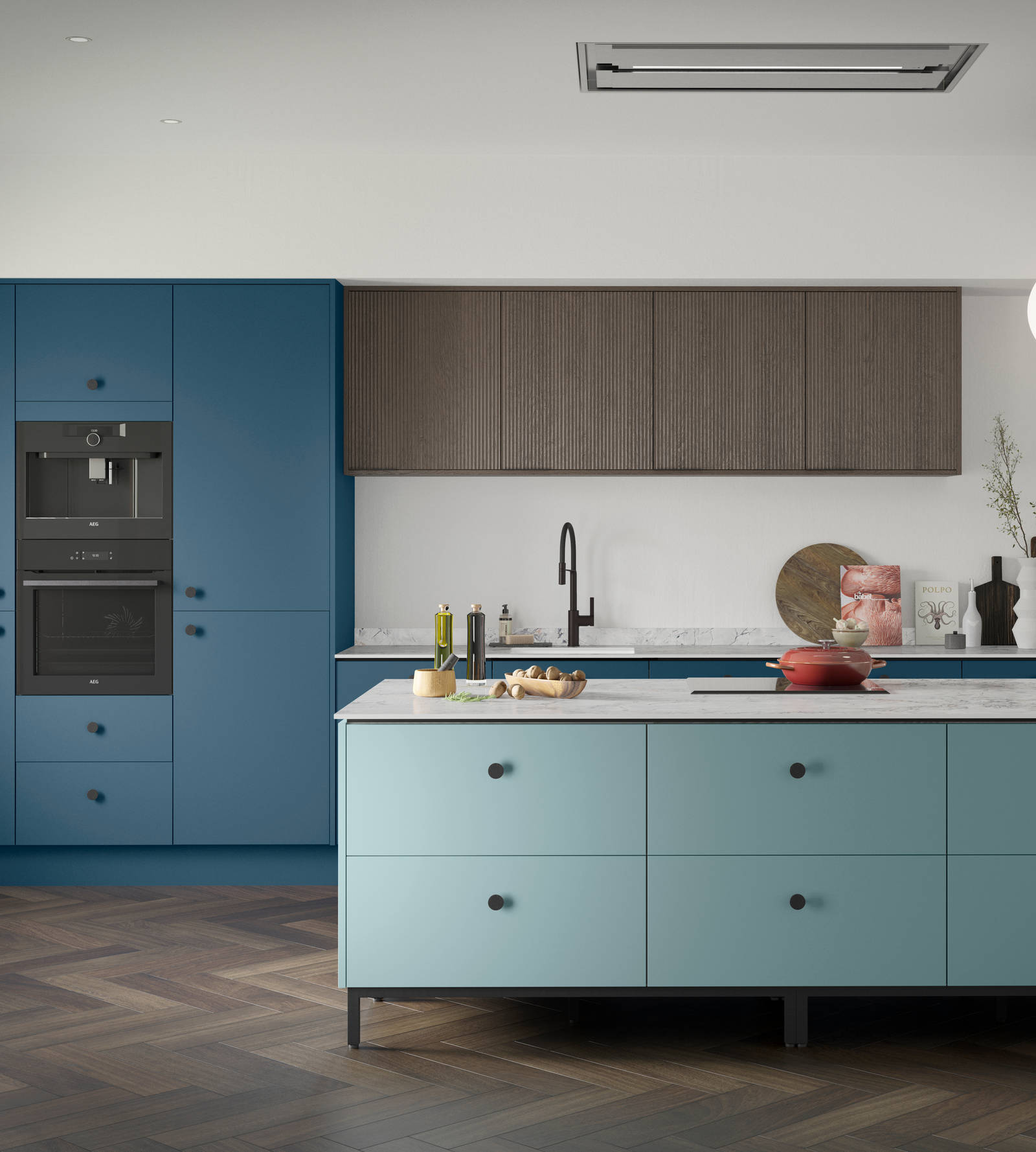 Soho Voyage Blue kitchen with fluted wood Nordic Nature wall cabinets and Soho Sky kitchen island, a premium painted slab front.