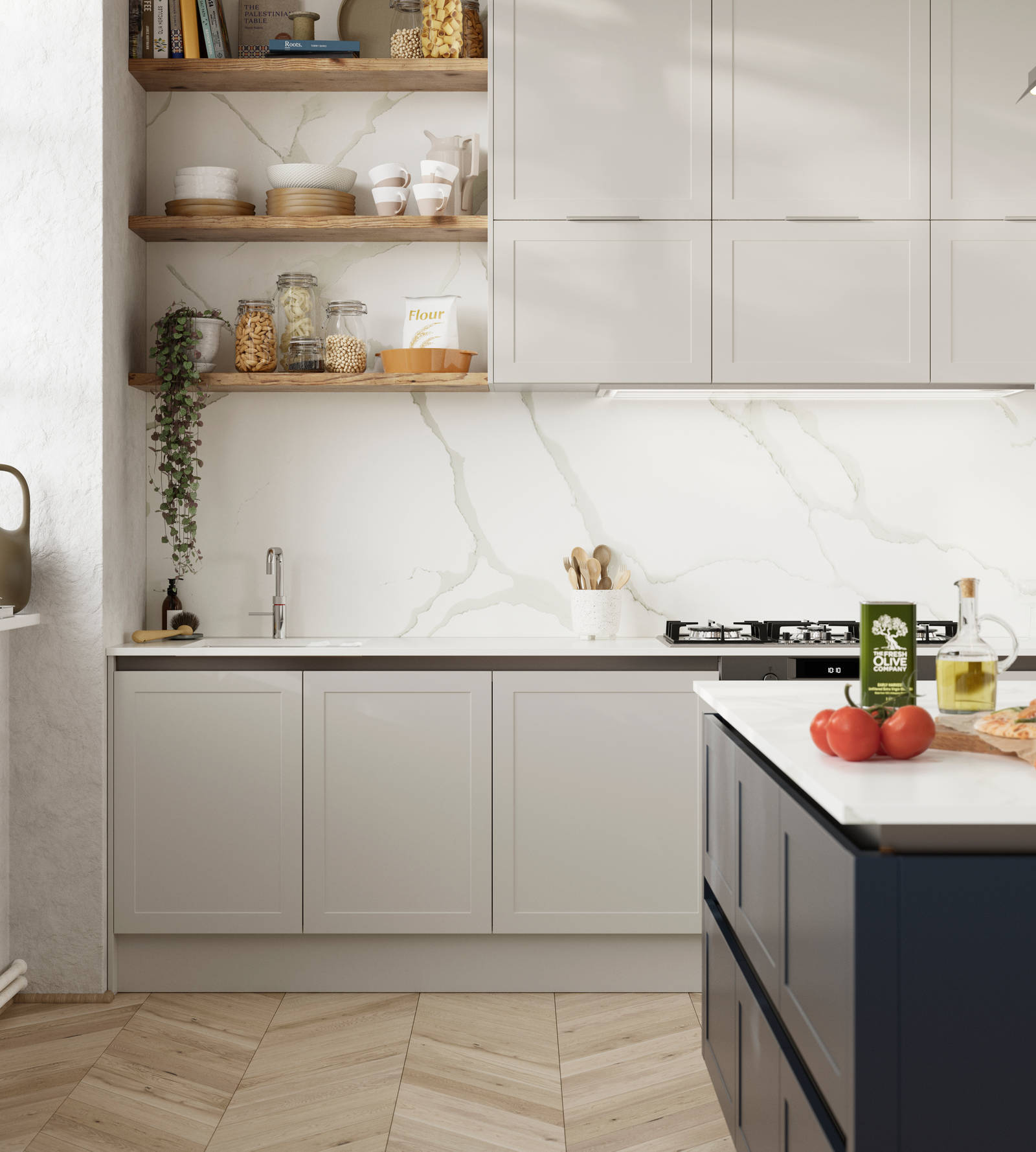 Integra Dunham from Magnet is a handleless shaker frontal, here shown in shades Dove grey and Midnight.