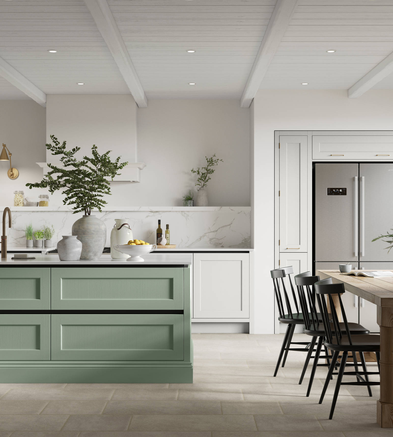 Integra Ludlow in shades Eucalyptus and Fresh Linen, a contemporary take on a Shaker kitchen, where the premium frontal features panelled doors with integrated handles.