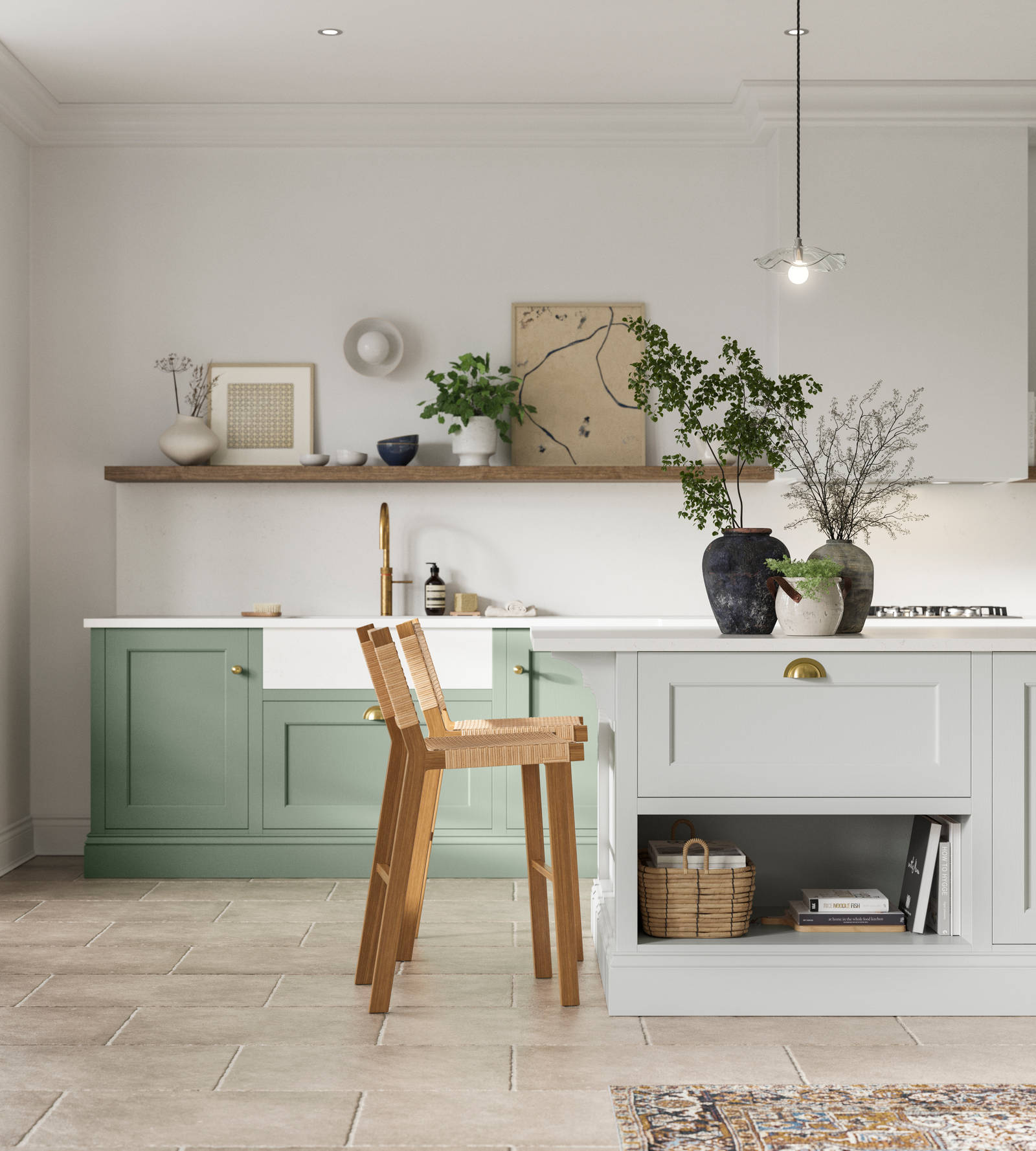 Traditional Shaker-style kitchen range in Eucalyptus Green with a light grey Fresh Linen shade kitchen island.