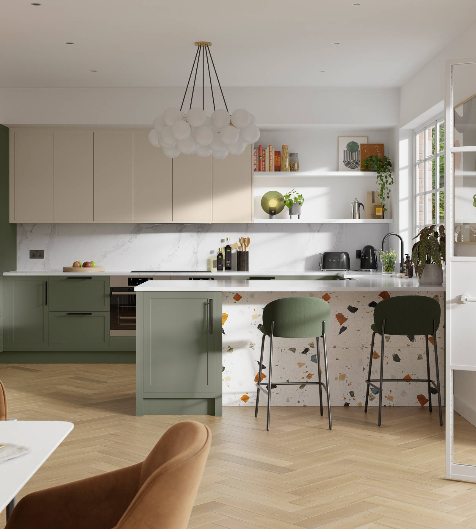 Contemporary kitchen design with Magnets Pebble path Dunham kitchen, its thin frame and smooth painted finish with no visible woodgrain, a kitchen island with breakfast bar and wood herringbone flooring..