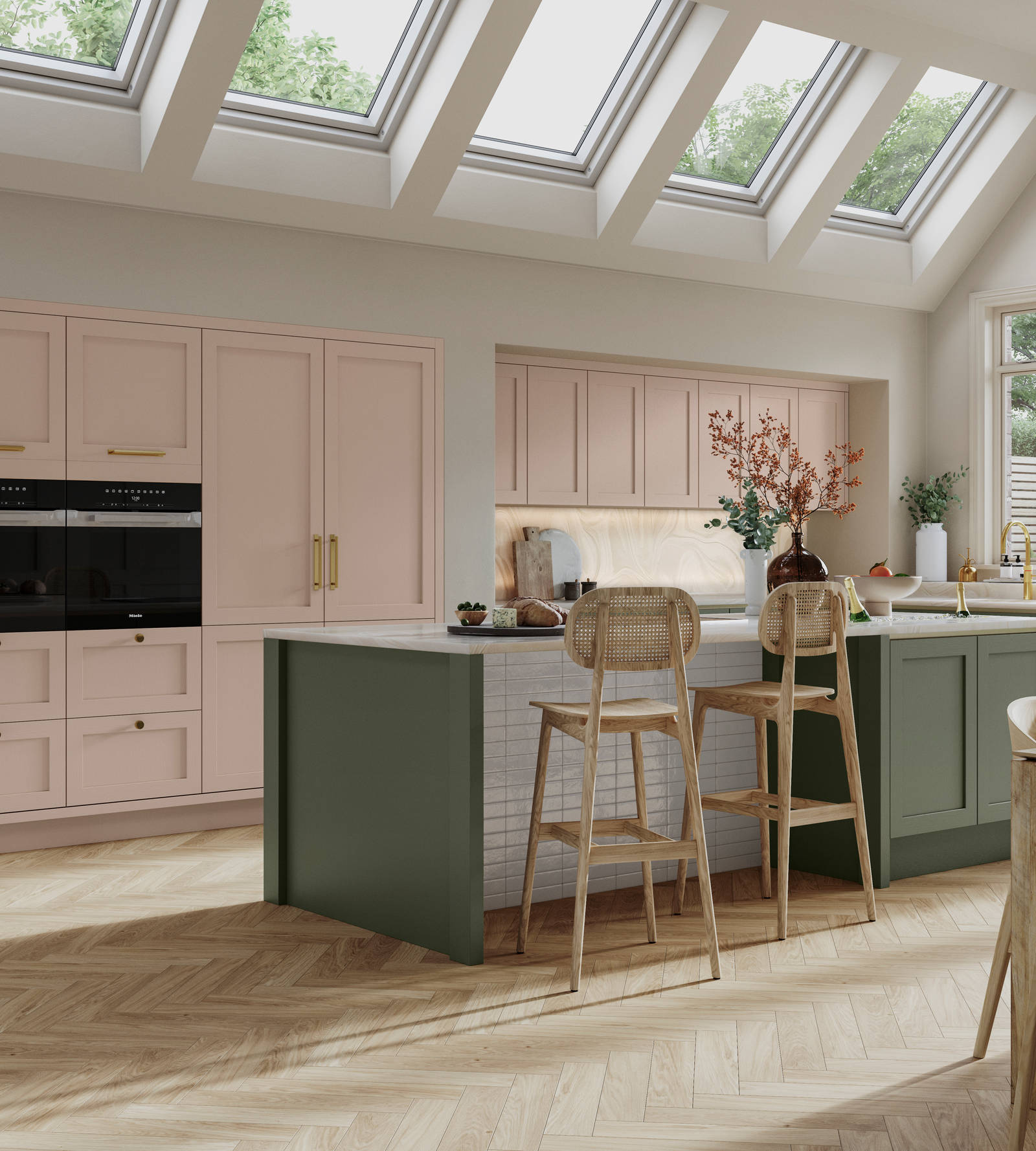 Integra Wardley in shades Rose Bowl and Misty Moors in an elegant, contemporary Shaker kitchen.