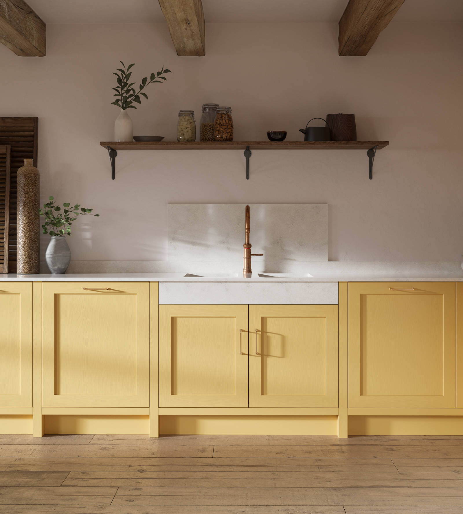 Shaker kitchen in the bright and beautiful yellow shade Harvest, paired with open wooden shelf and a marbled worktop.