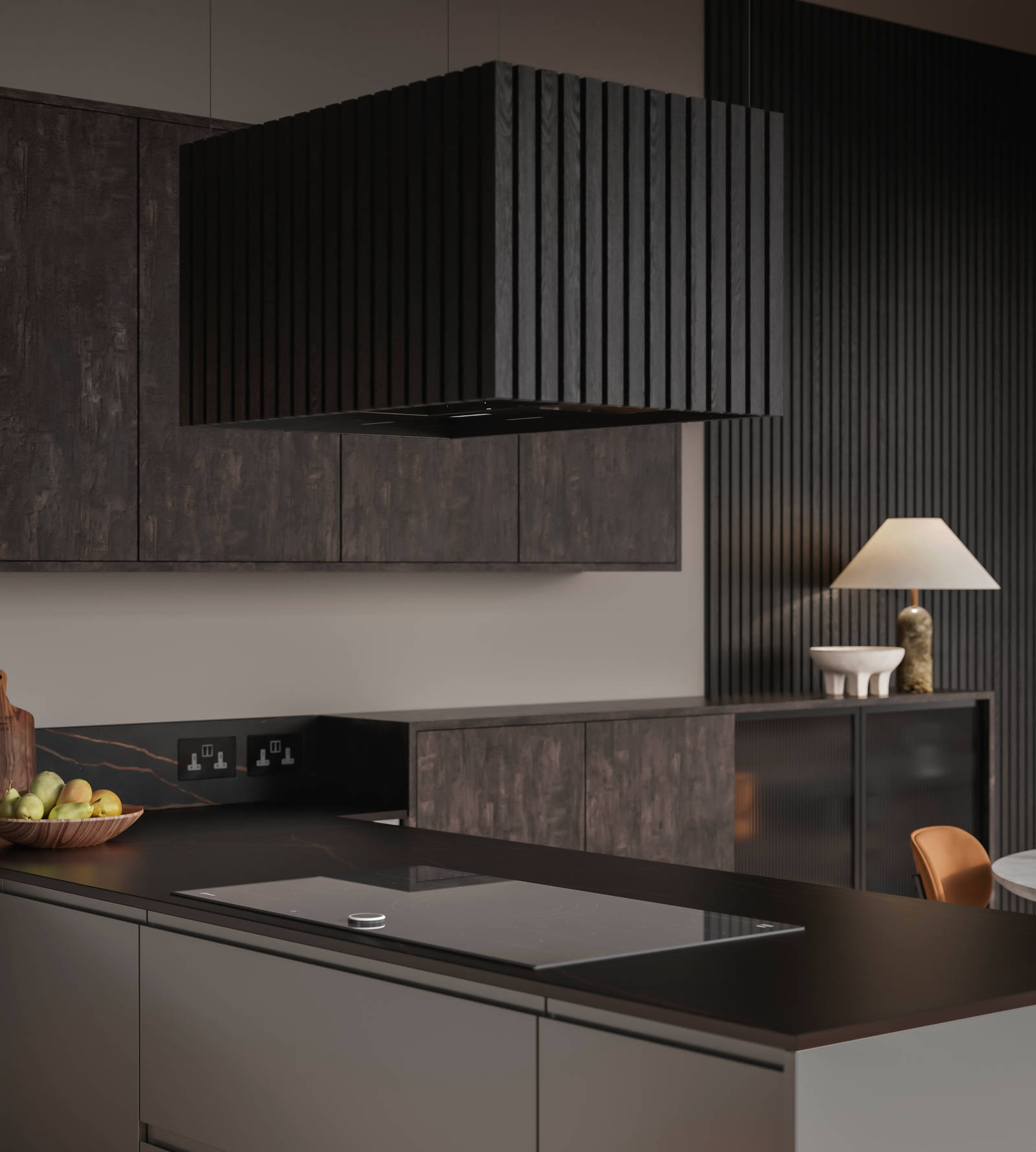 Contemporary clean lines and organic woodgrain texture combined with display cabinets with fluted glass doors.