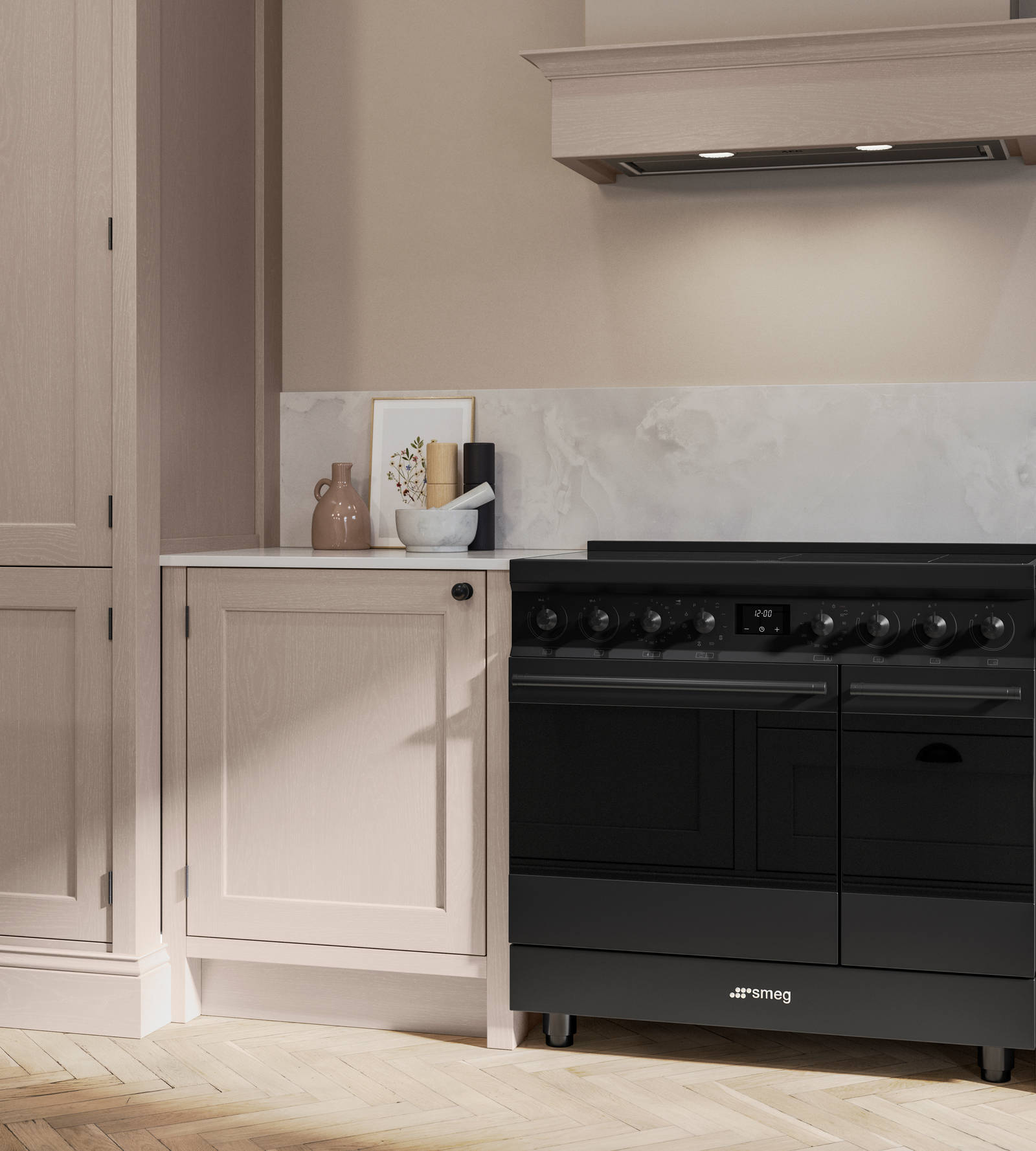 Traditional Shaker-style kitchen range Ludlow with tactile woodgrain in neutral shade Shell .
