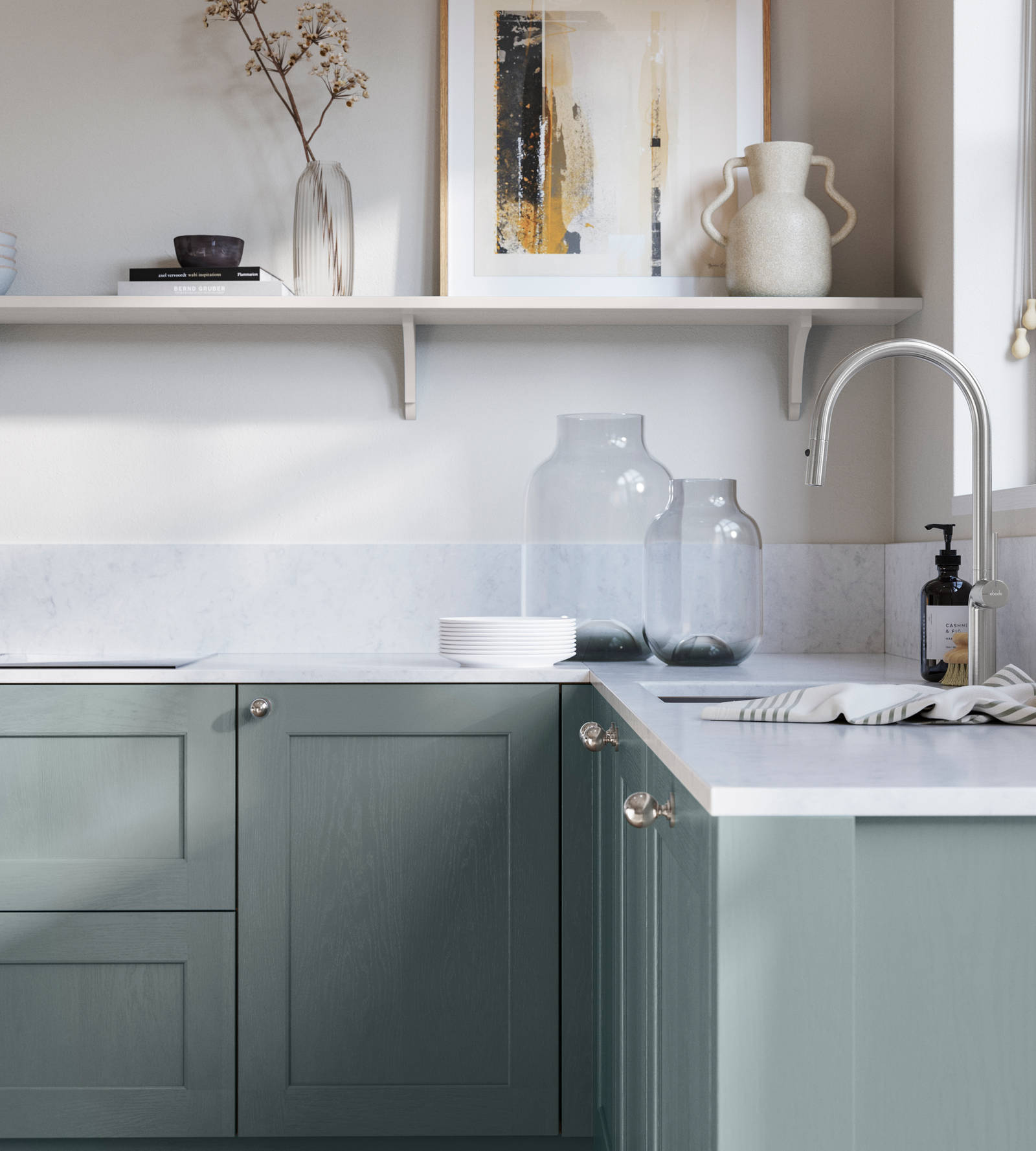 Ludlow, a traditional Shaker-style premium feel kitchen range with a visible woodgrain on its panelled doors here shown in the light blue shade Duck Egg styled with steel knobs, steel tap, a white marbled worktop with matching splashback.