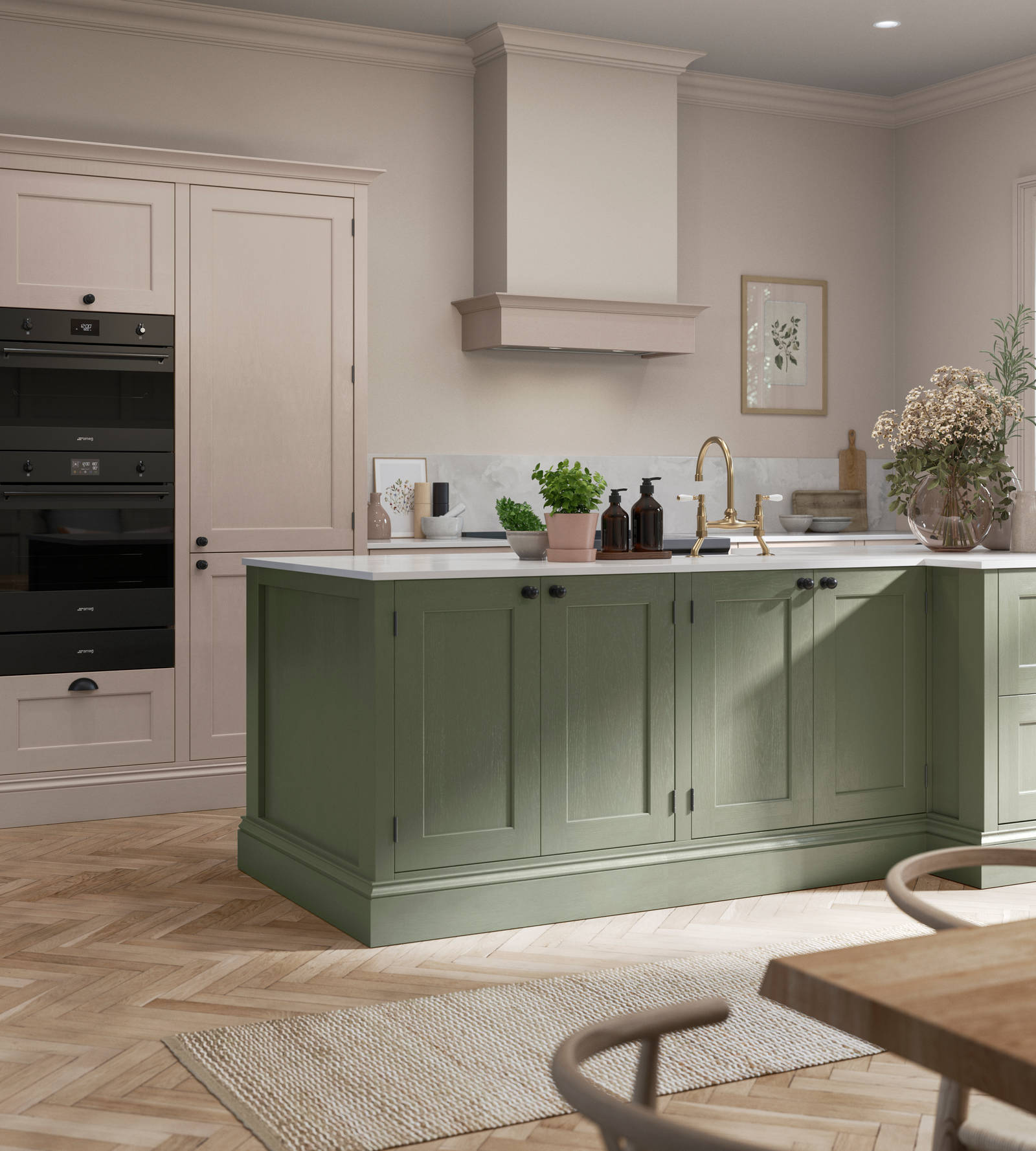 Open layout kitchen, a Thyme shade kitchen island and tall Wardley Shell cabinets with built-in ovens.