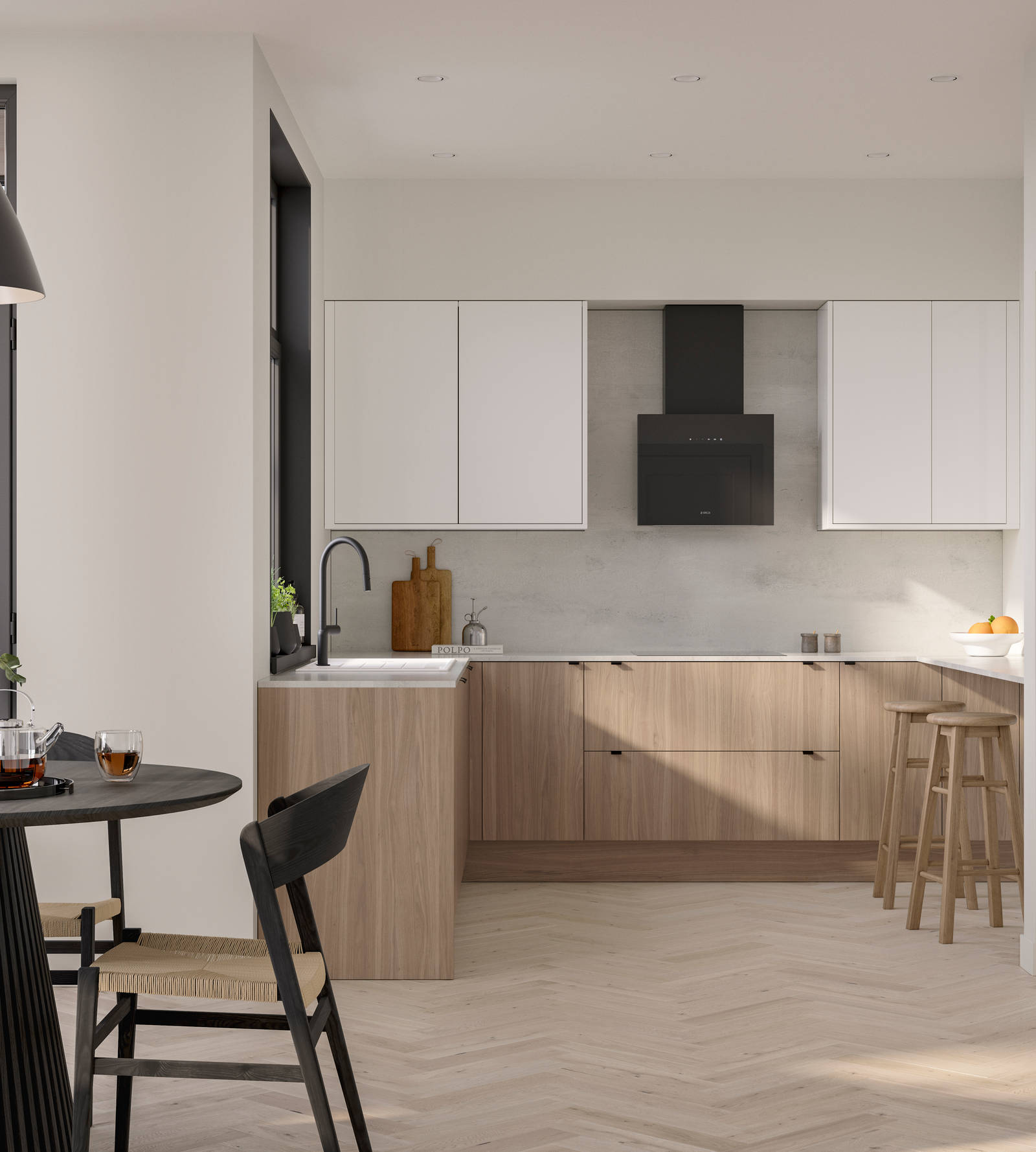 Open floorplan Ascoli kitchen from Magnet with Natural Oak cabinetry, a white worktop, Ascoli Gloss white wall cabinets over countertop and matching tall cabinets with a built-in oven all paired with small black handles, a black tap and black hood.