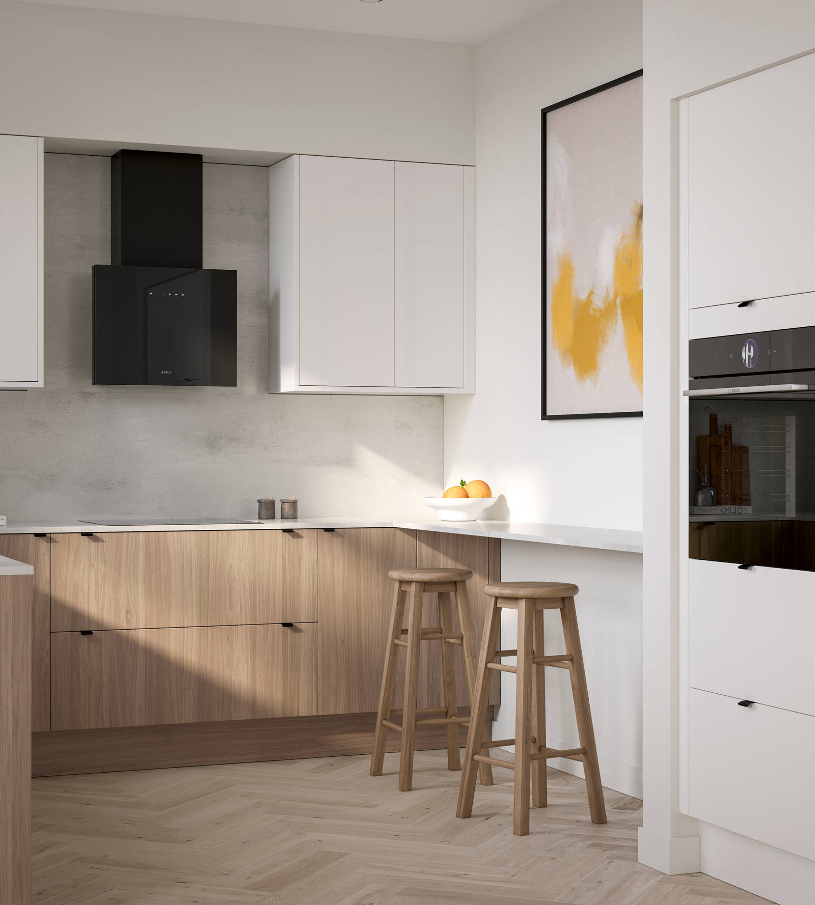 Ascoli Natural Oak kitchen cabinetry covered by a white worktop extending from cabinets to a bar seating area with light wood stools, Gloss white wall cabinets and, tall cabinets with a built-in oven all paired with black accessories, wood floors.