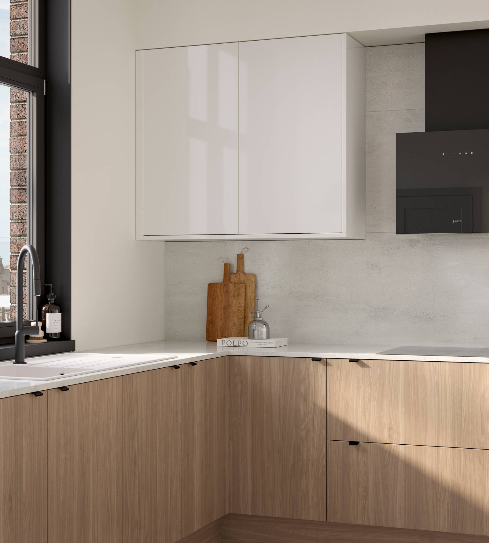 Ascoli kitchen from Magnet with Natural Oak cabinetry, a white worktop, Ascoli Gloss white wall cabinets over countertop paired with matching black handles, tap, hood and window frame over white sink.