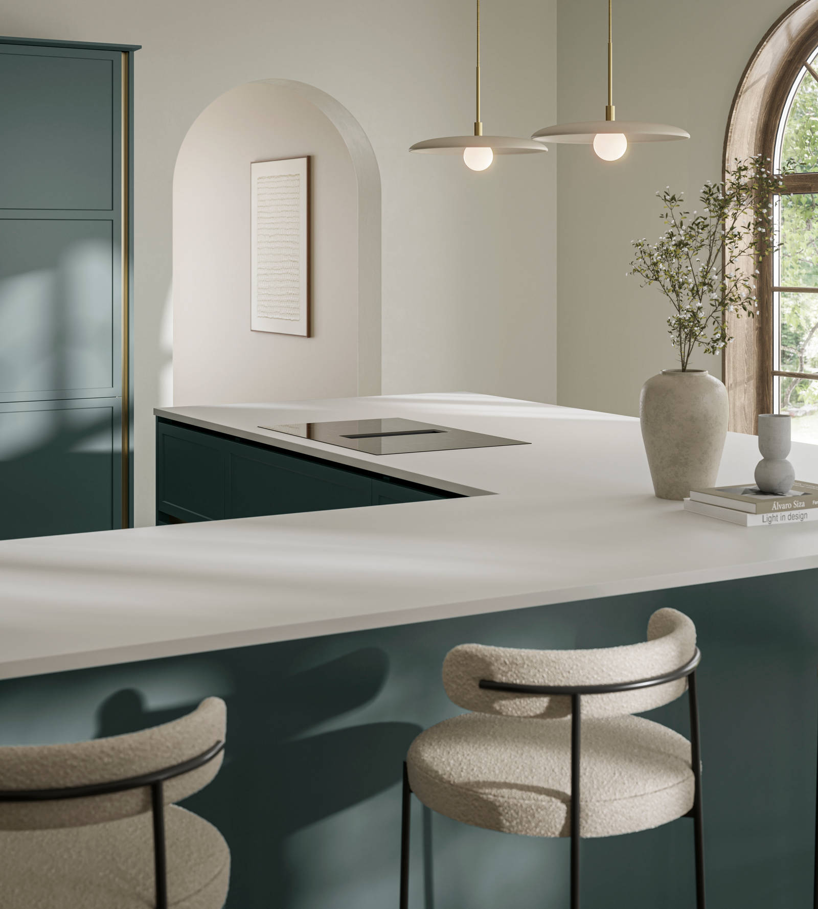 View of Georgian extension in handleless frame door Integra Brunswick Spruce G-shaped kitchen, with warm neutral decor, Minerva white worktop and splashback, breakfast bar with bar stool seating.
