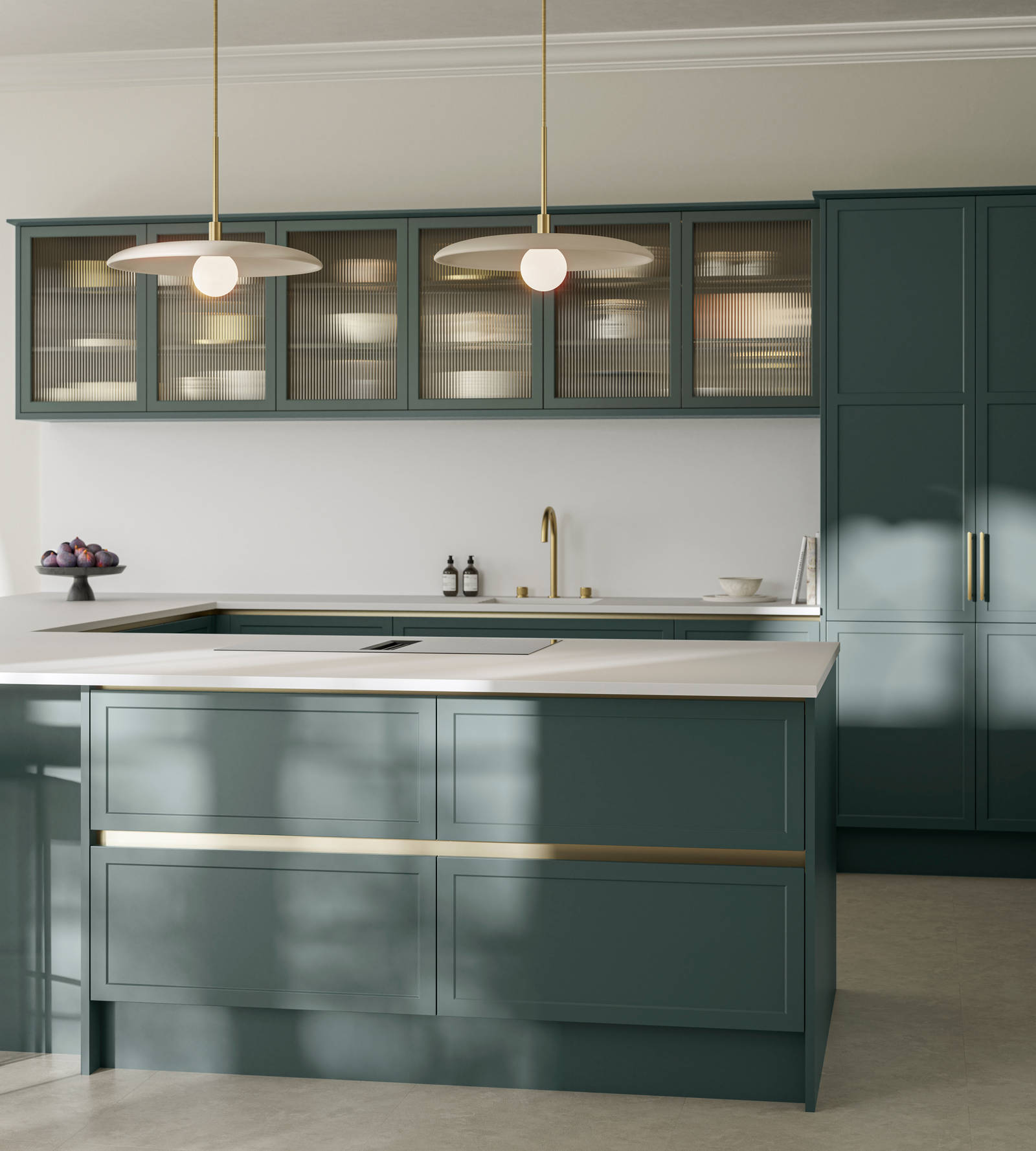 Handleless frame door Integra Brunswick Spruce G-shaped kitchen with Minerva white worktop and splashback, open plan Georgian extension, breakfast bar, fluted glass vitrine wall cabinets.