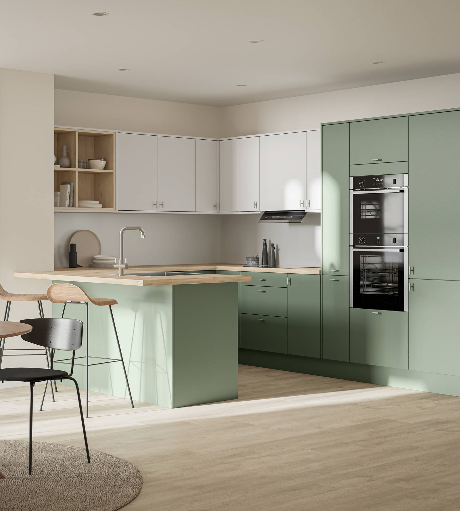 Contemporary scandinavian influenced Ascoli kitchen in fresh shade green Woodland and light grey, wall cabinets with timber accents like open shelves and oak laminate worktop, matched with oak laminate flooring and wood barstools at breakfast bar.