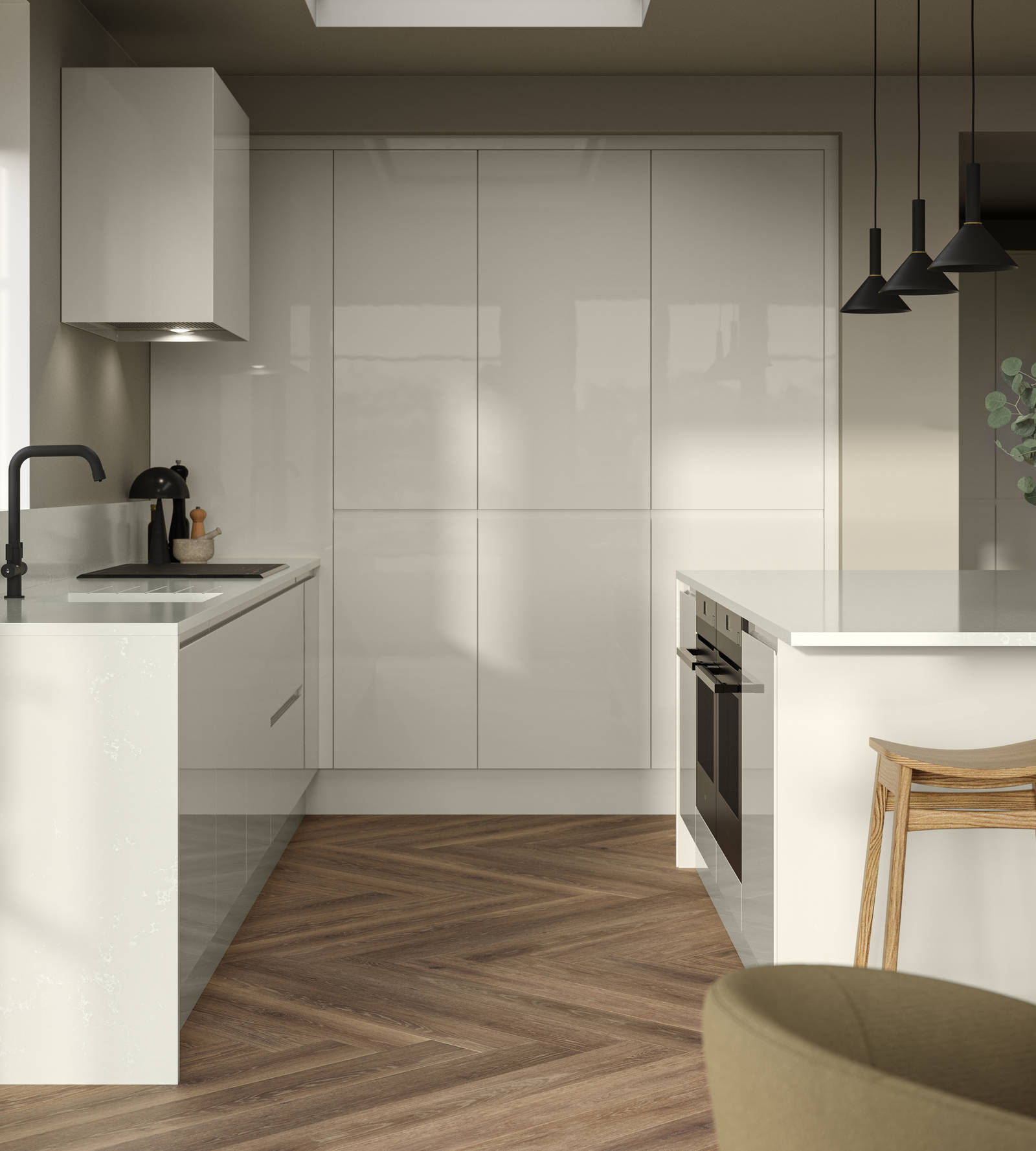 Corner of Luna Gloss Limestone kitchen with tall cabinets, kitchen island featuring an integrated oven, a breakfast bar with wood stools, a black tap and white extractor hood, Amtico smouldered oak in parquet flooring.