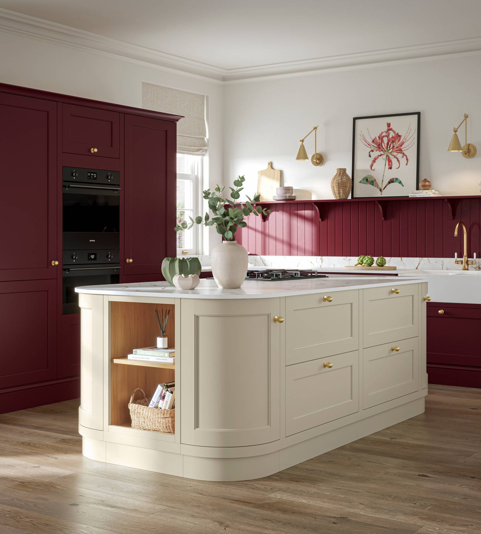 Traditional Shaker-style tactile woodgrain Ludlow kitchen in bold shade Morello with matching wall panel and shelves, brass accents such as knobs and brass tap, a white ceramic sink, Ludlow parchment kitchen island with open end shelves and dusty oak vinyl flooring.