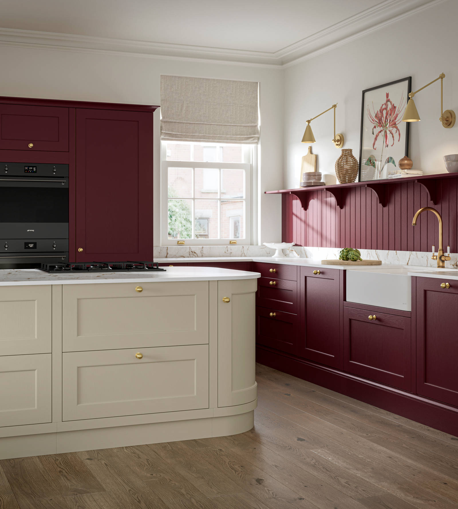 Traditional Shaker-style tactile woodgrain Ludlow kitchen in bold shade Morello with matching wall panel and shelves, brass accents such as knobs and brass tap, a white ceramic sink, Ludlow parchment kitchen island and dusty oak vinyl flooring.