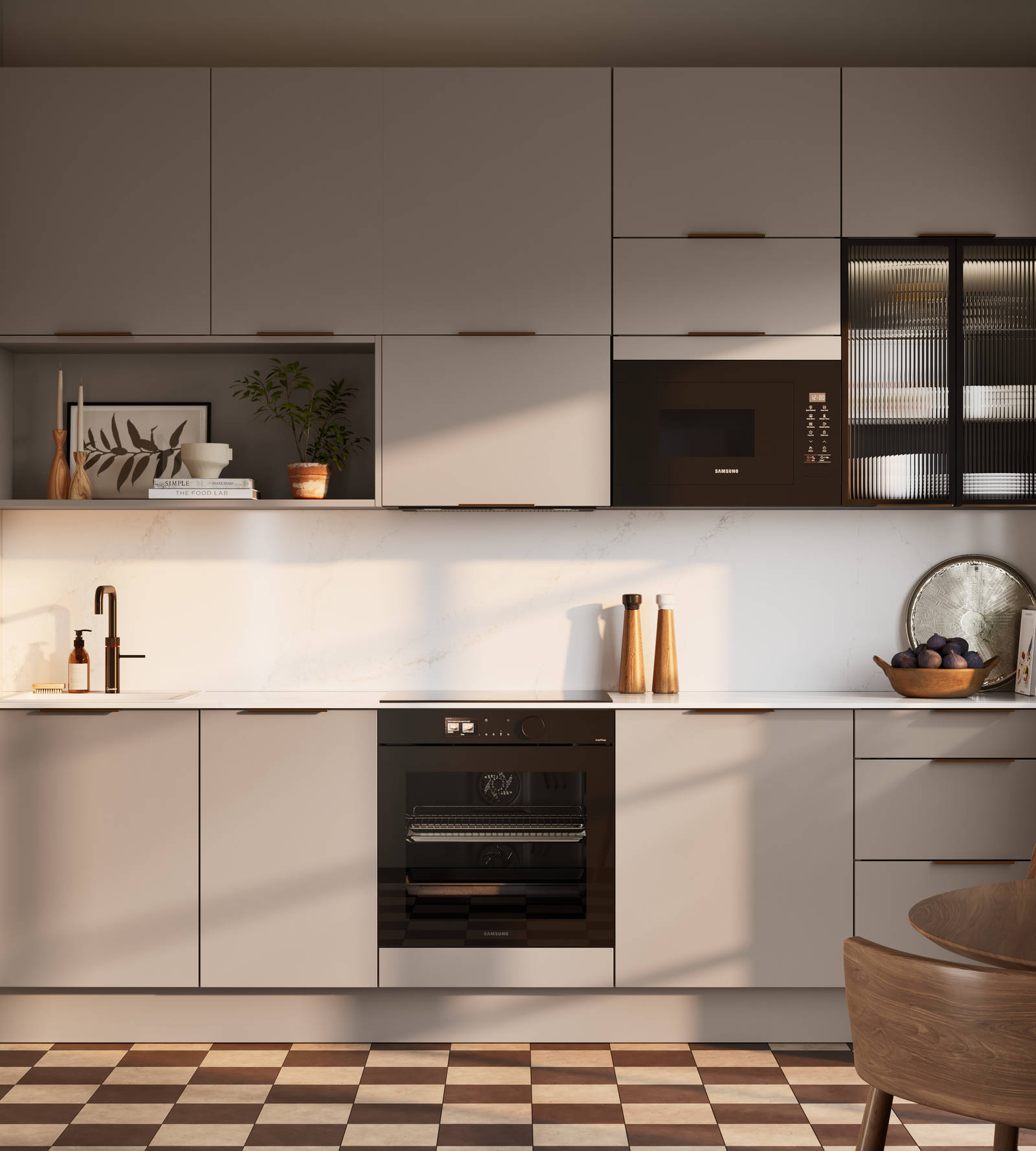 Modern slab front Soho Cornish Clay kitchen from Magnet in Pantone’s colour of the year ‘Mocha Mousse’ with bronze trim handles, handles, silestone quartz worktop and matching backsplash, checkered flooring.