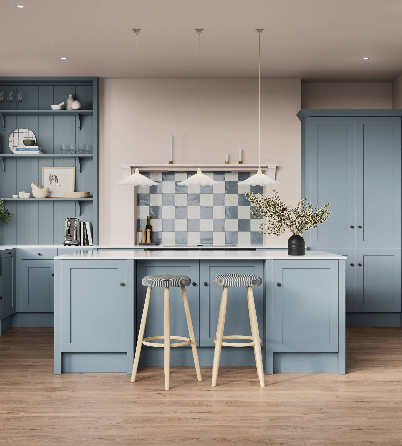 Premium Shaker kitchen Wardley Portland Blue including kitchen island with traditional detailing, black accessories, white worktop and matching blue open shelves with blue panelling and checkered tiling over range cooker.