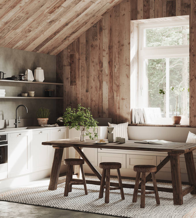 Marbodal Fagerö Frö - kökslucka i gråbeige kulör. Bänkskiva Mullvad Matt i laminat. Handtag Bell svart. Längst väggen en kökssoffa av köksskåp samt långa öppna hyllplan med plats för allt du behöver i kökslivet.