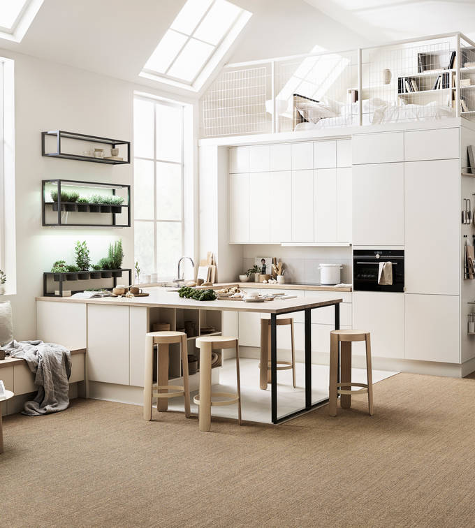 Marbodal  Arkitekt plus Frost  - Kök byggt på höjden för att skapa stor plats i ett litet rum. Stor köksö med förvaring, väl tilltagen arbetsyta och bardel.