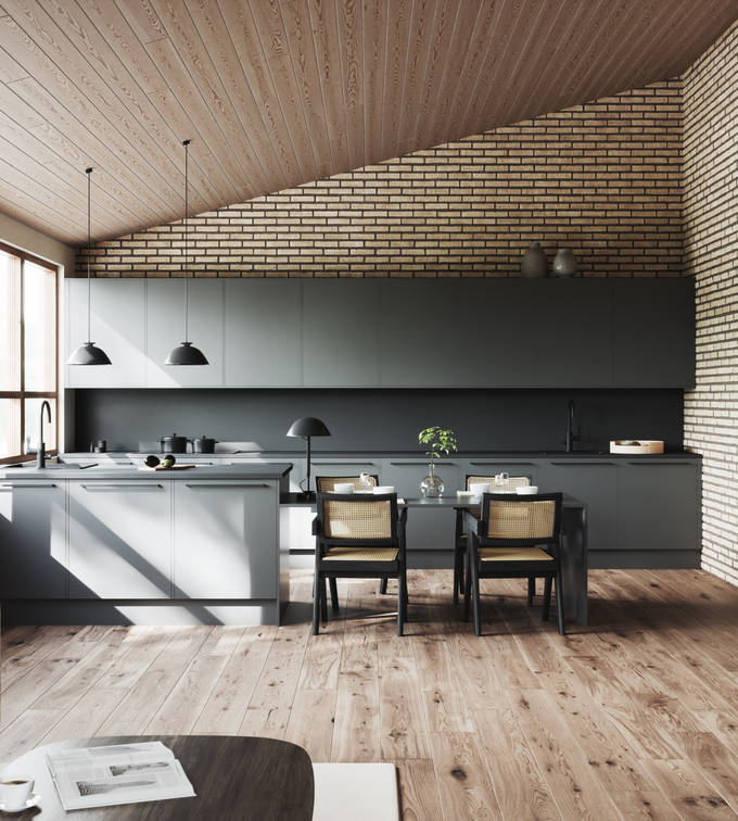 Köket Arkitekt Plus i färgen Granit. Bänkskiva Zeus Antracit i laminat. Handtag Solo svart.