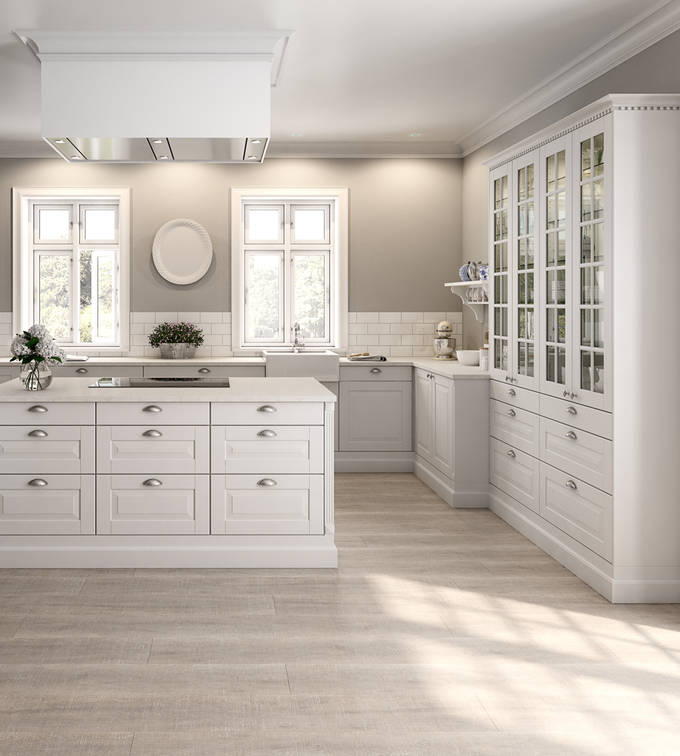 Eksklusivt tradisjonskjøkken med herskapelig preg. Klassiske speilfronter med fylling og markerte profilspor som gir dybdevirkning og skyggespill. Herregaard leveres med fronter i MDF eller eik.