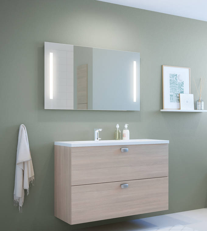 Baderomsmodell med slette fronter med liggende trestruktur.